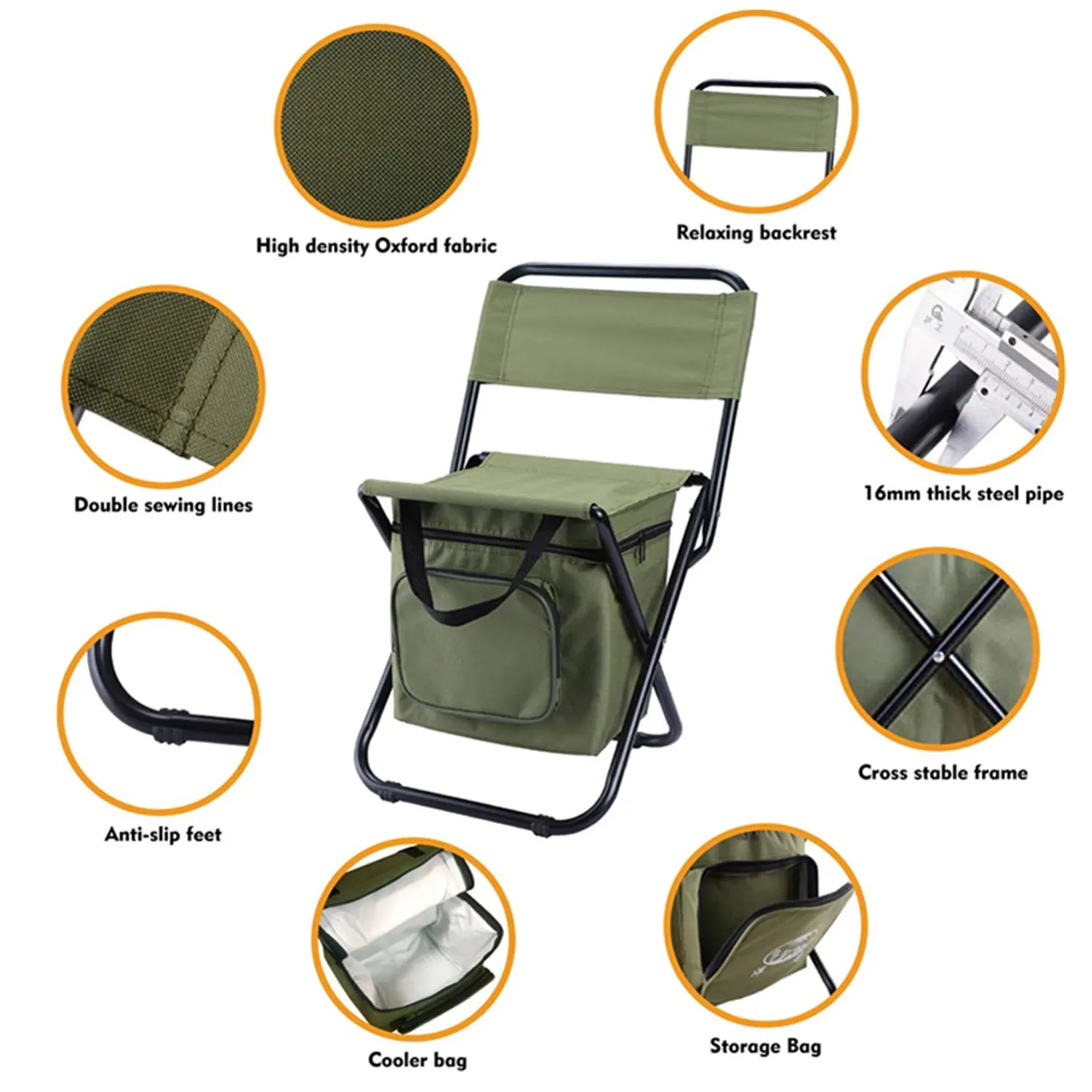 Portable Folding Chair Outdoor Stool with Cooler Bag for Camping, Fishing, Painting, Beach, Travelling, BBQ