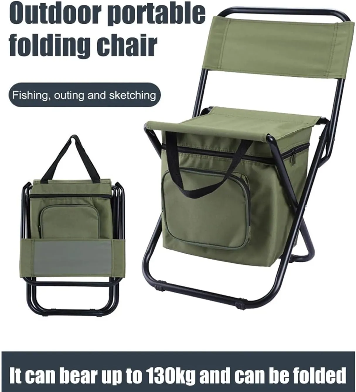 Portable Outdoor Folding Chair with Cooler Bag - Perfect for Hiking, Camping, Fishing and BBQ (Size : Black Style C)