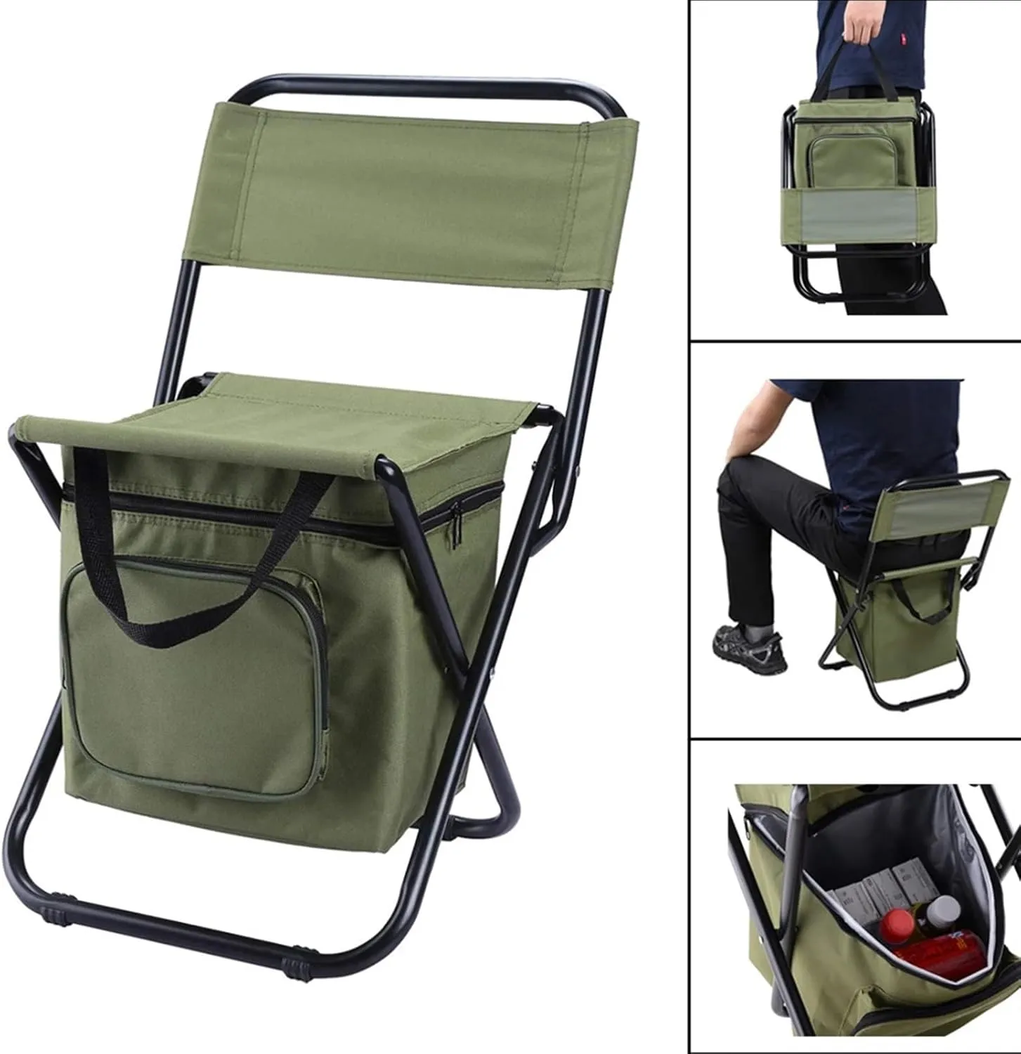 Portable Outdoor Folding Chair with Cooler Bag - Perfect for Hiking, Camping, Fishing and BBQ (Size : Black Style C)
