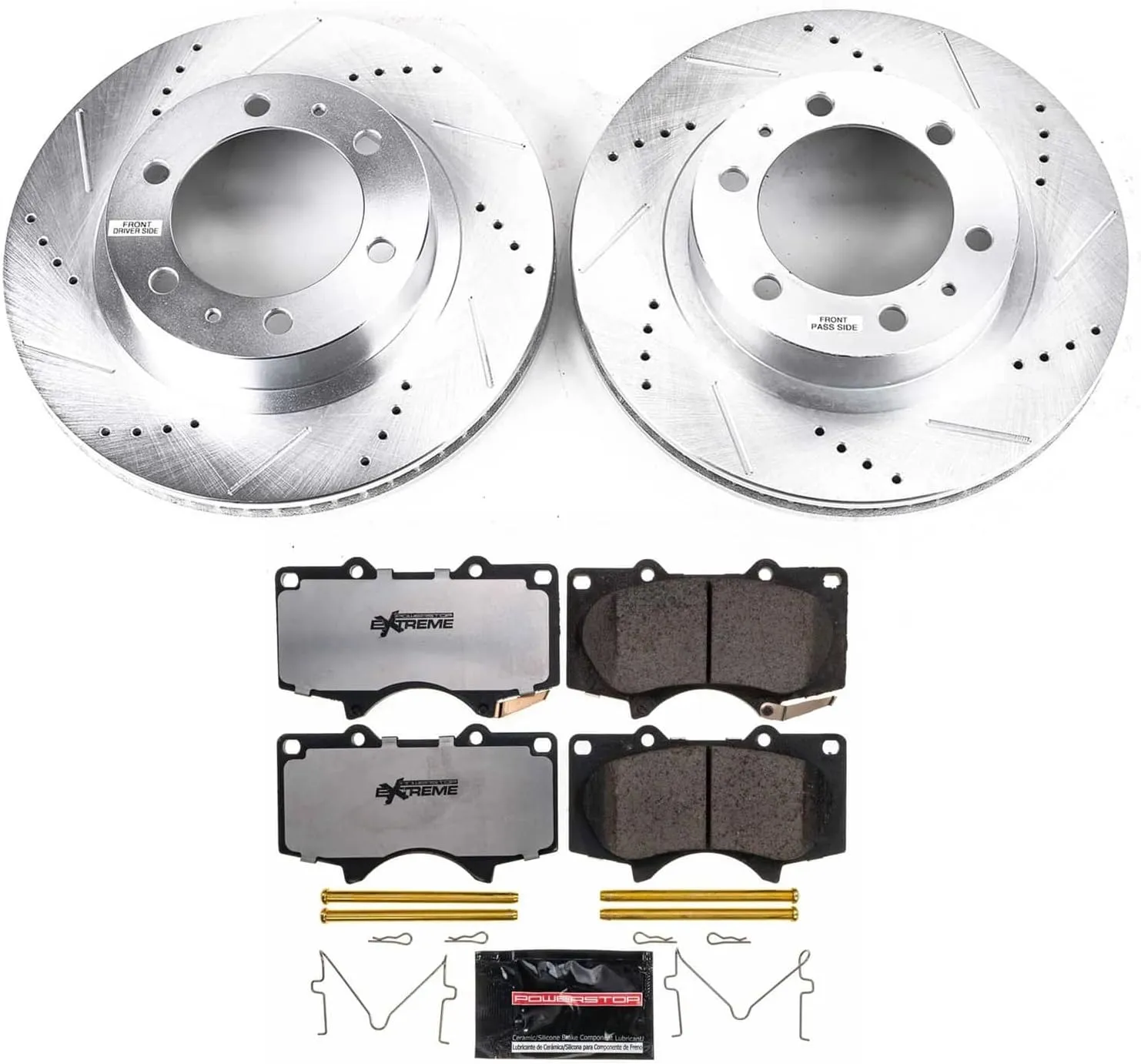 Power Stop Front Truck & Tow Brake Kit For 2005-2009 Toyota 4Runner, 2004-2010 FJ Cruiser, 2016-2023 Tacoma - 6 Lug Drilled and Slotted Rotors Carbon Fiber Ceramic Brake Pads Replacement