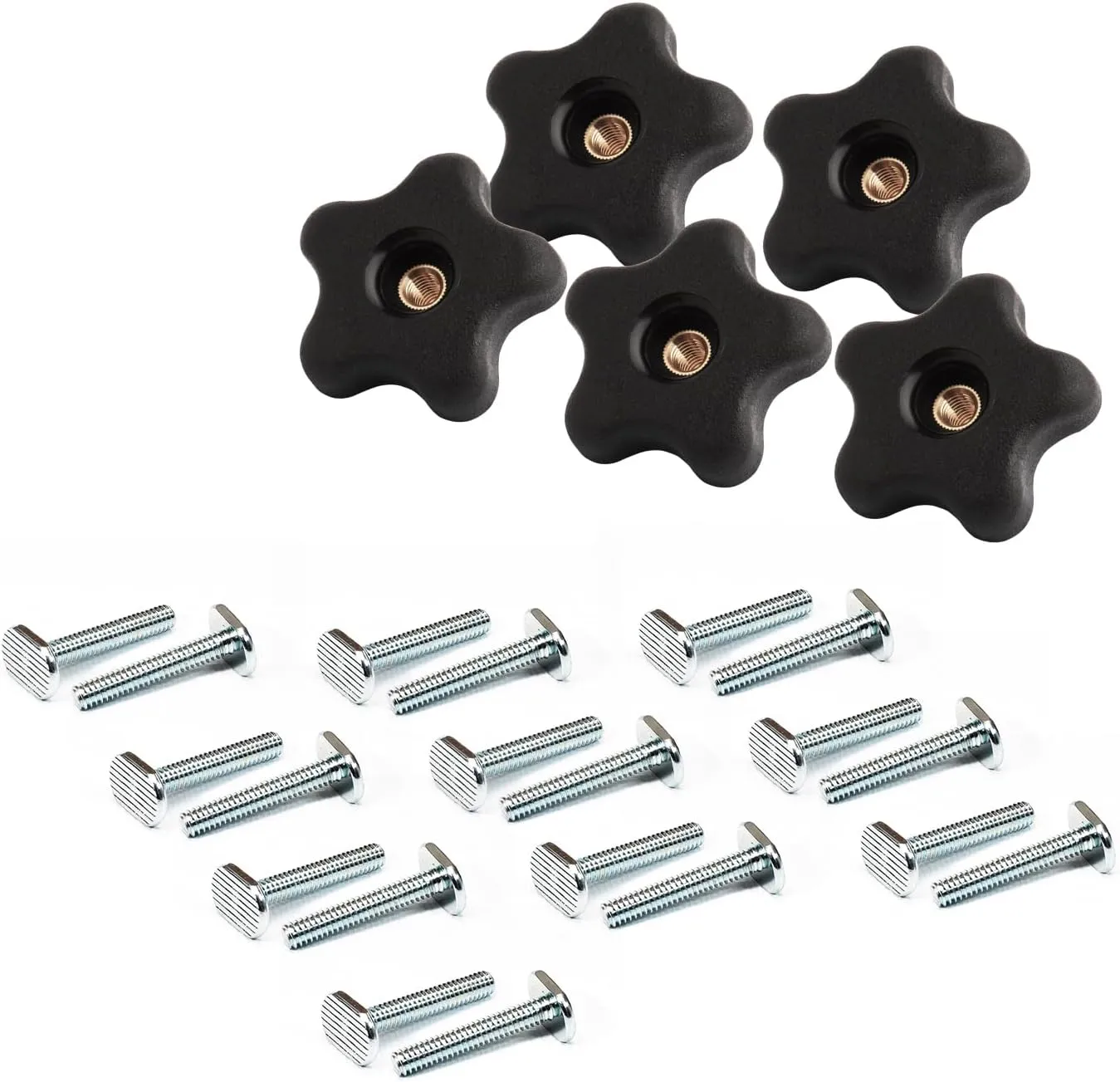 POWERTEC 72073 1/4"-20 Knobs & T Bolts Set | 5pcs 5-Star Clamping Knobs with 20pcs 1-1/2 Inch Long T Slot Bolts for T Track Accessories, Feather Boards, Woodworking Jigs and Fixtures