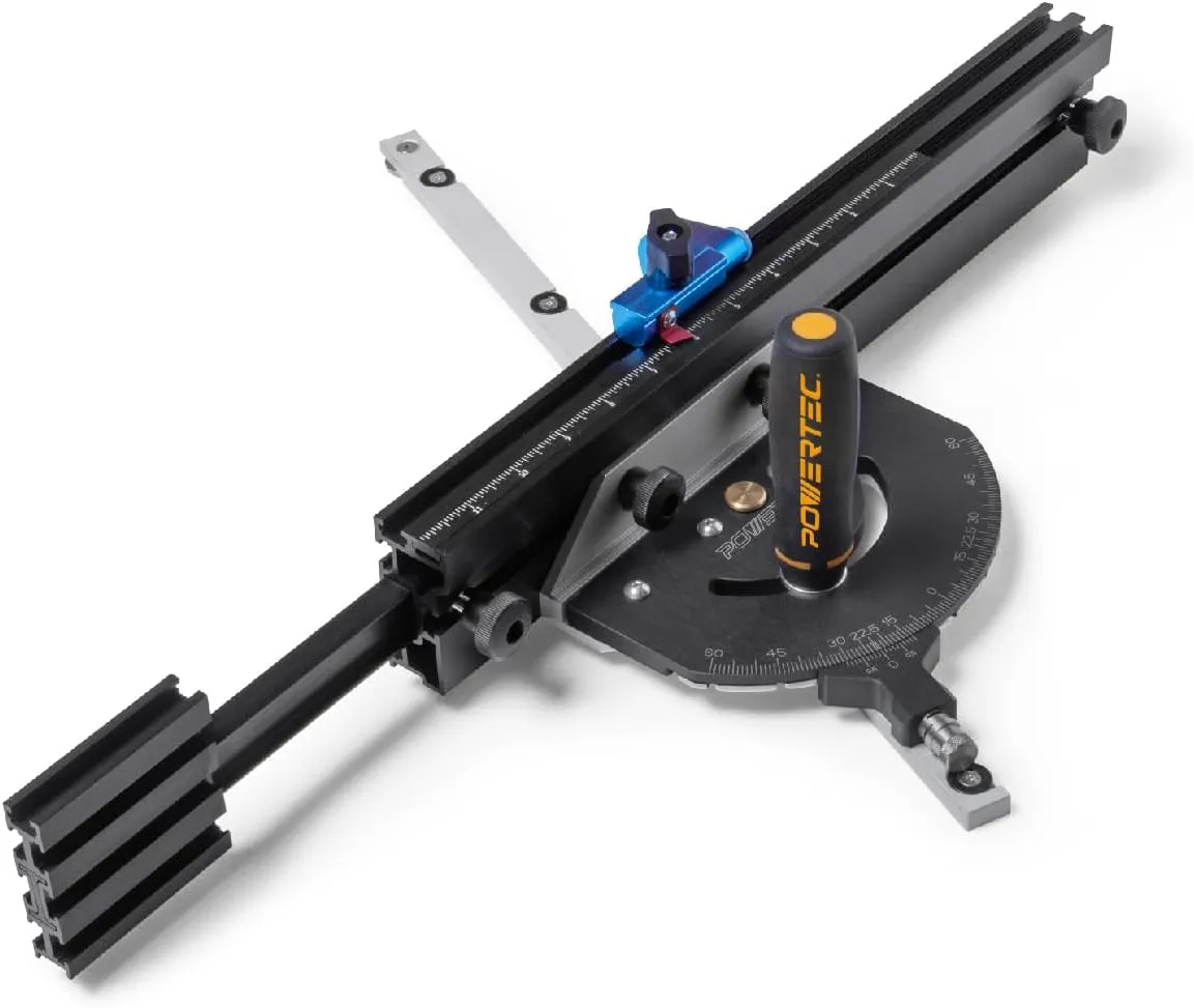 POWERTEC Precision Miter Gauge System for Table Saw Kit w/Telescoping Fence | 11 Preset Angle Stops, Extension Fence with Scale and Flip Stop (71766)