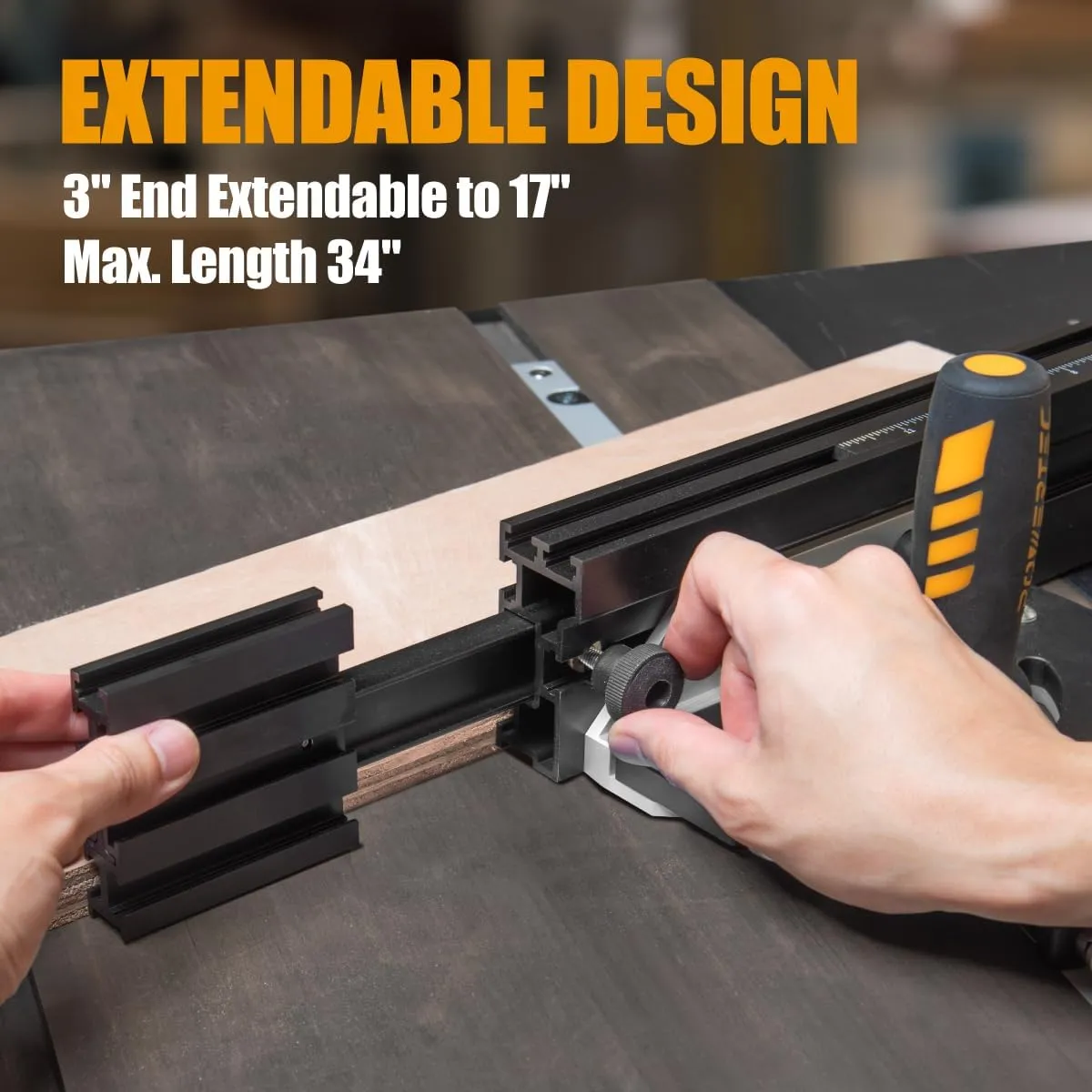 POWERTEC Precision Miter Gauge System for Table Saw Kit w/Telescoping Fence | 11 Preset Angle Stops, Extension Fence with Scale and Flip Stop (71766)