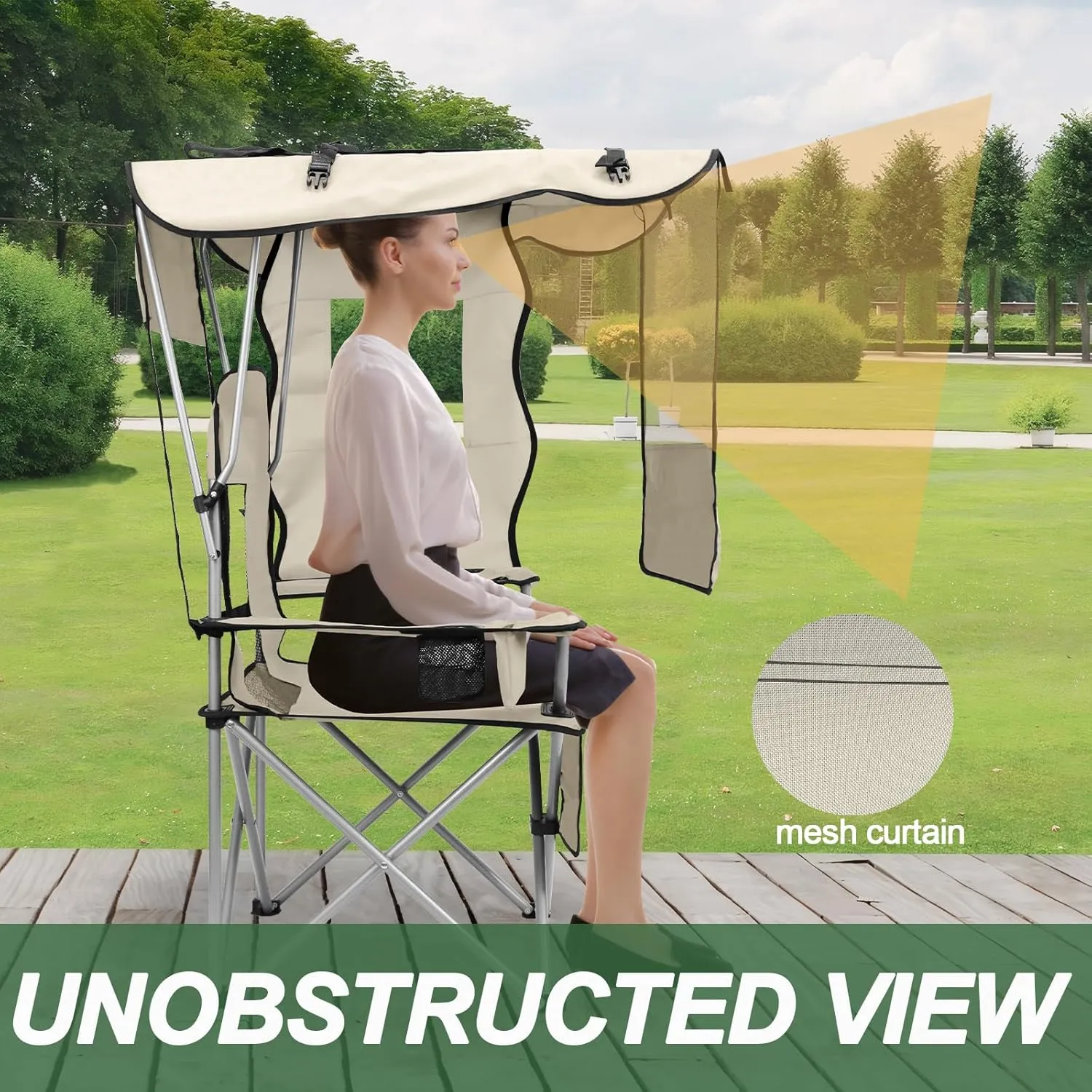 ptlsy Camping Chair with Adjustable Shade Canopy, Portable Folding Chair for Adults, Heavy Duty Outdoor Sports, Beach, Camping, Fishing - Phone & Cup Holder, Cooler Bag, Supports 330LBS