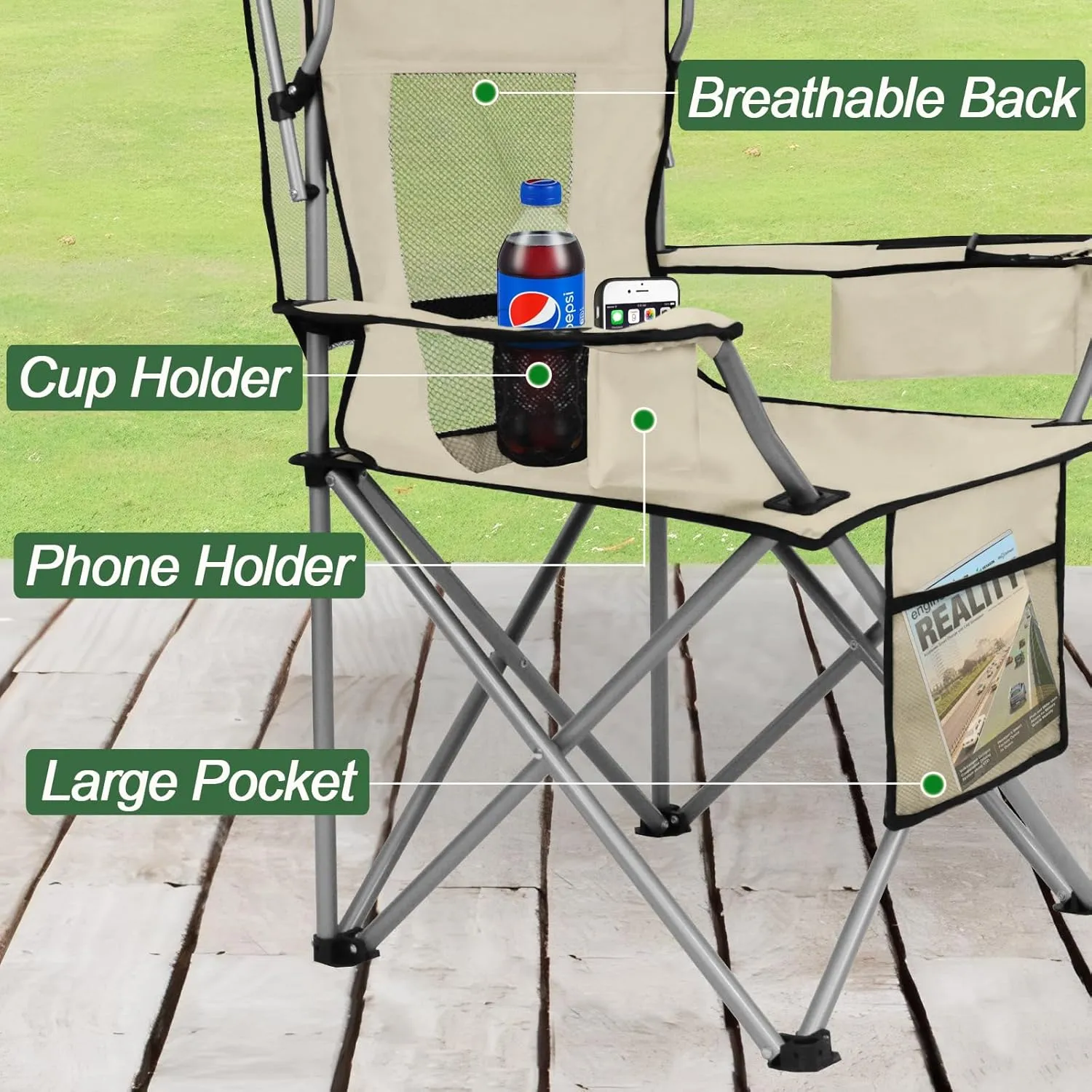 ptlsy Camping Chair with Adjustable Shade Canopy, Portable Folding Chair for Adults, Heavy Duty Outdoor Sports, Beach, Camping, Fishing - Phone & Cup Holder, Cooler Bag, Supports 330LBS