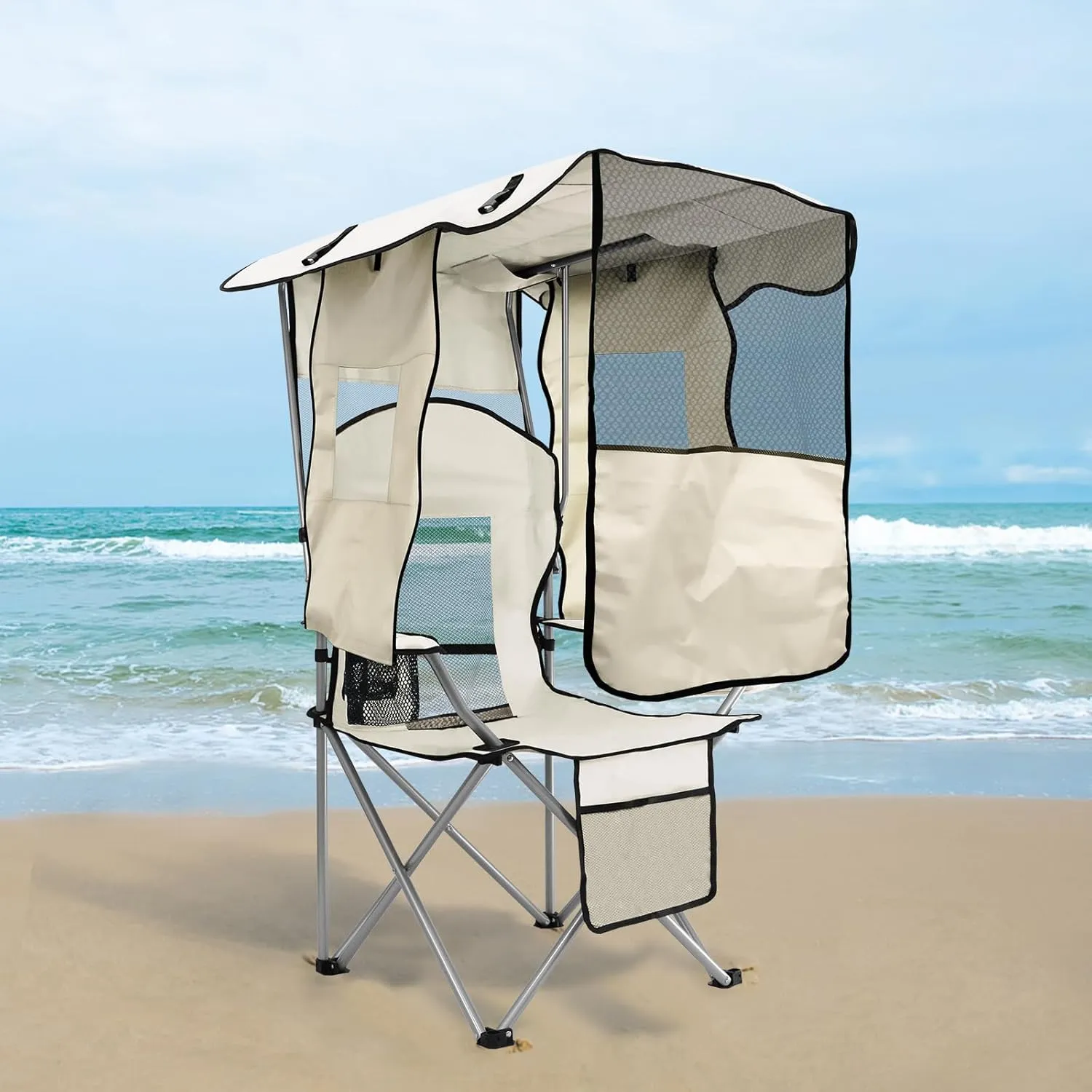 ptlsy Camping Chair with Adjustable Shade Canopy, Portable Folding Chair for Adults, Heavy Duty Outdoor Sports, Beach, Camping, Fishing - Phone & Cup Holder, Cooler Bag, Supports 330LBS