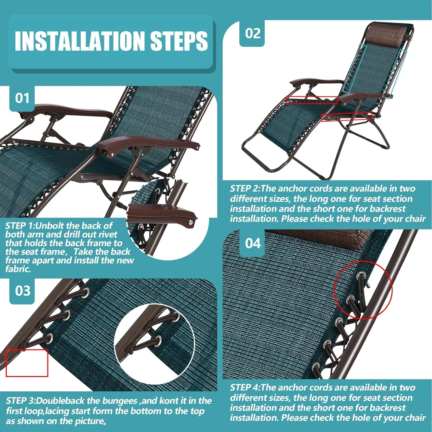 Queekay Chair Replacement Fabric with 4 Bungee Cord Lounge Chair Cloth Mesh Repair Kit for Patio Recliner Outdoor Lawn Pool (63 x 17 Inch,Forest Green)
