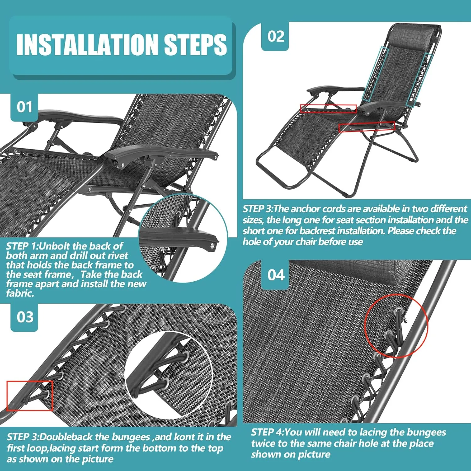 Queekay Chair Replacement Fabric with 4 Bungee Cord Lounge Chair Cloth Mesh Repair Kit for Patio Recliner Outdoor Lawn Pool(63 x 17 Inch,Black Grey)