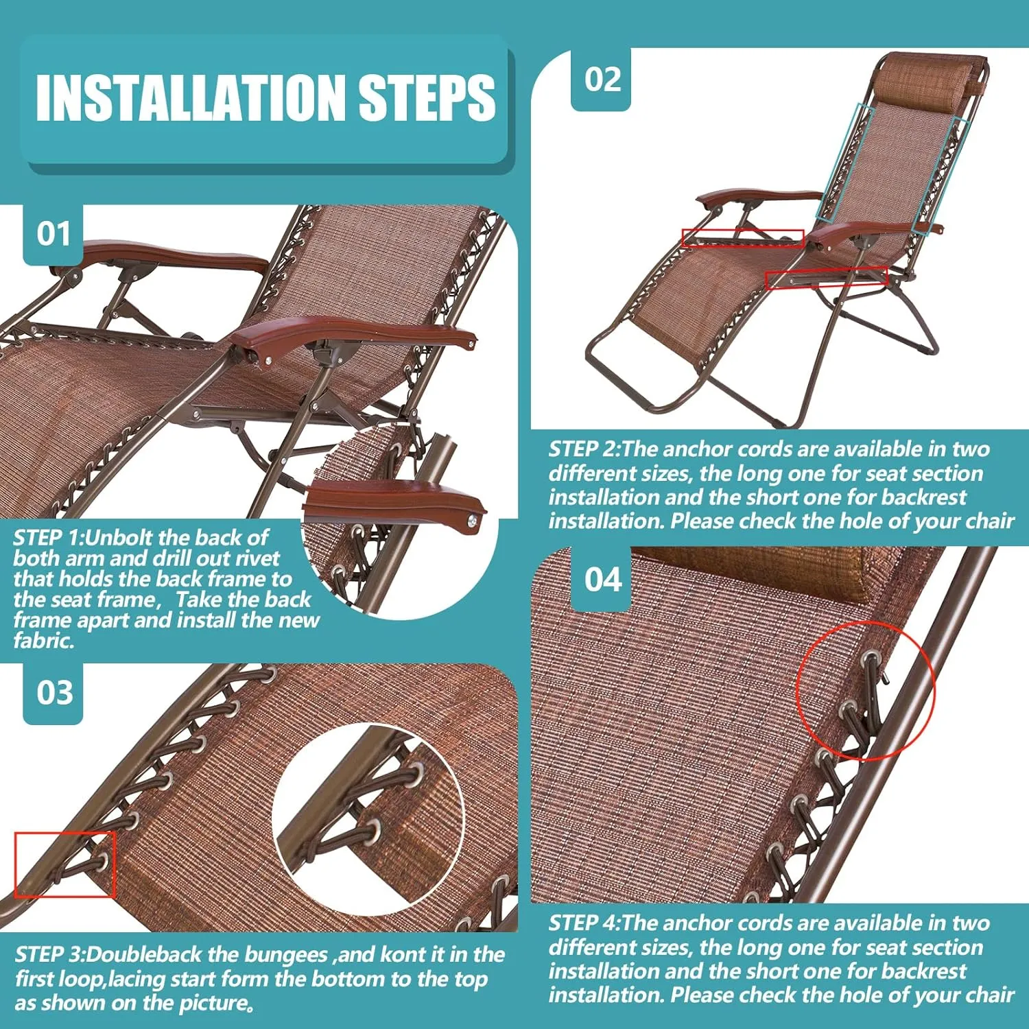 Queekay Chair Replacement Fabric with 4 Bungee Cord Lounge Chair Cloth Mesh Repair Kit for Patio Recliner Outdoor Lawn Pool(63 x 17 Inch,Brown)