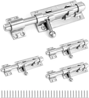 QWORK Sliding Bolt Gate Latch, 4 Pack 6.3" Heavy Duty 304 Stainless Steel Safety Barrel Bolt Door Latches with Padlock Hole and Mounting Screws for Doors, Cabinets, Refrigerators