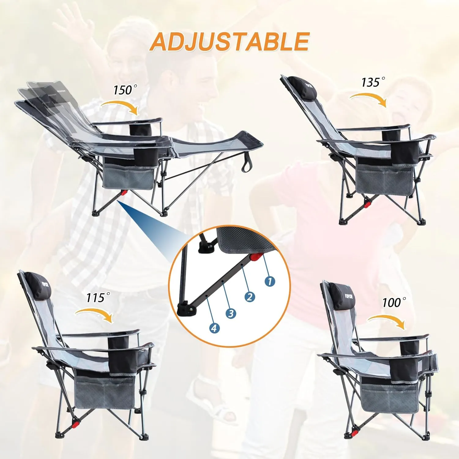 Reclining Camping Chair with Removable Footrest Lounge Chair with Headrest, Cotton Cushion, Portable Adjustable Folding Chairs