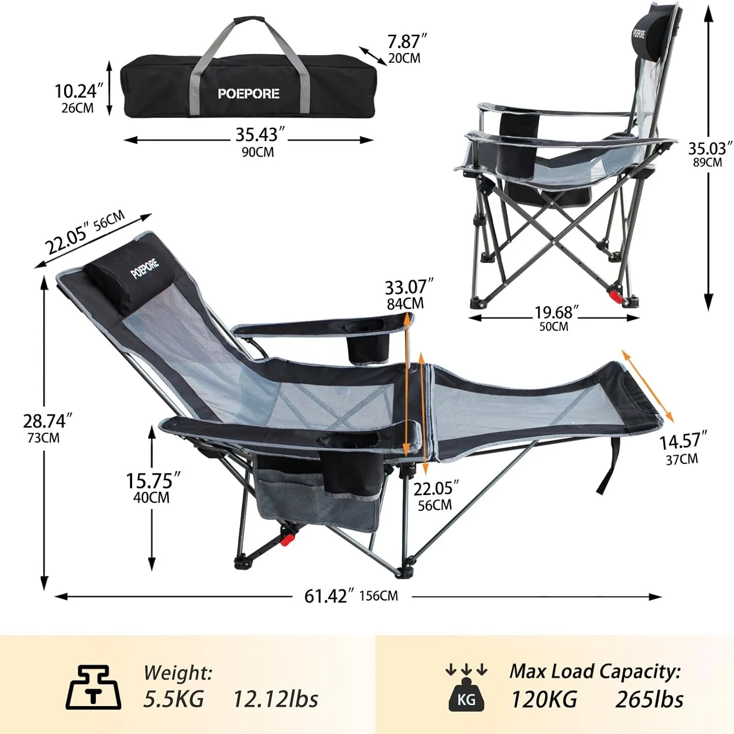 Reclining Camping Chair with Removable Footrest Lounge Chair with Headrest, Cotton Cushion, Portable Adjustable Folding Chairs