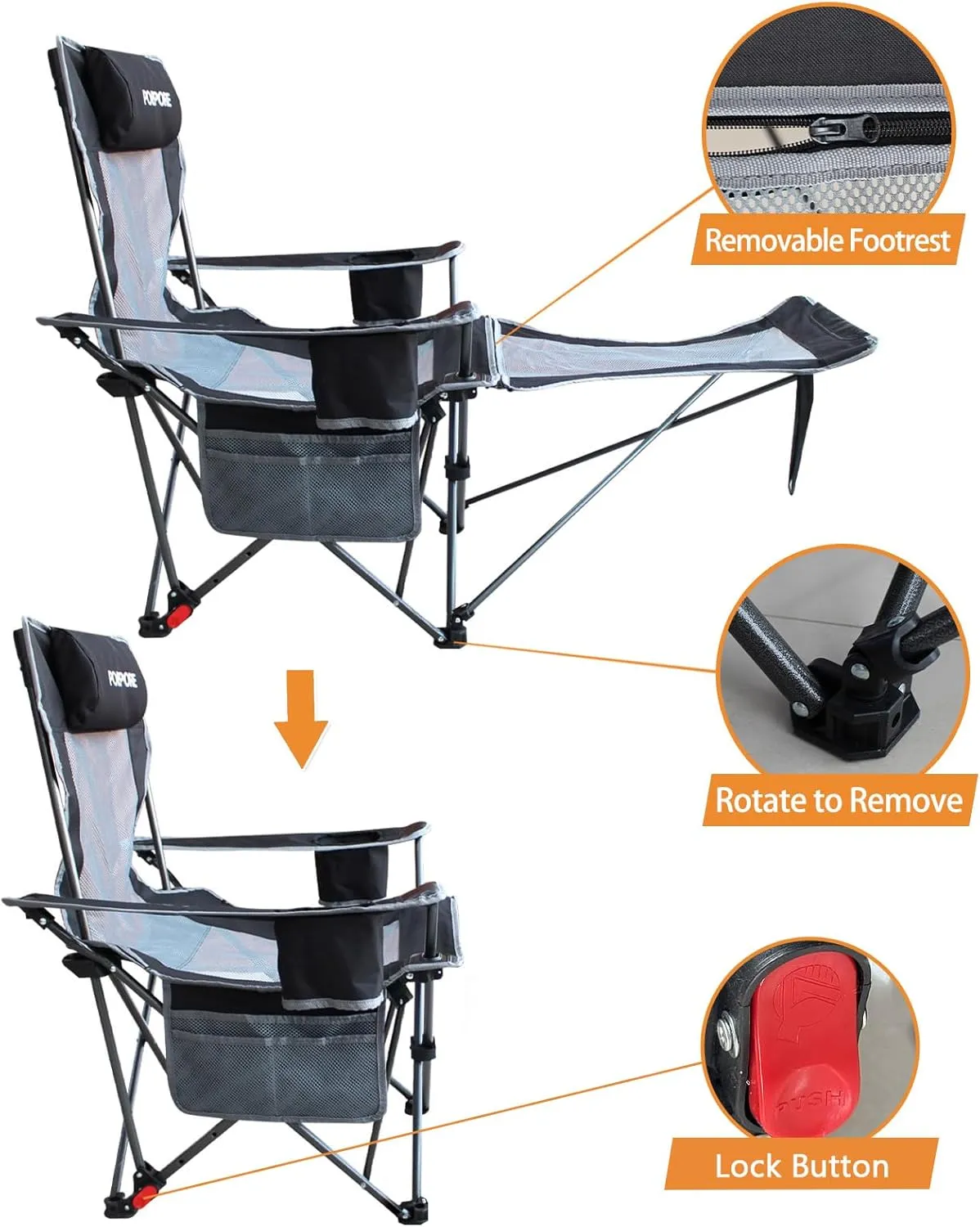 Reclining Camping Chair with Removable Footrest Lounge Chair with Headrest, Cotton Cushion, Portable Adjustable Folding Chairs