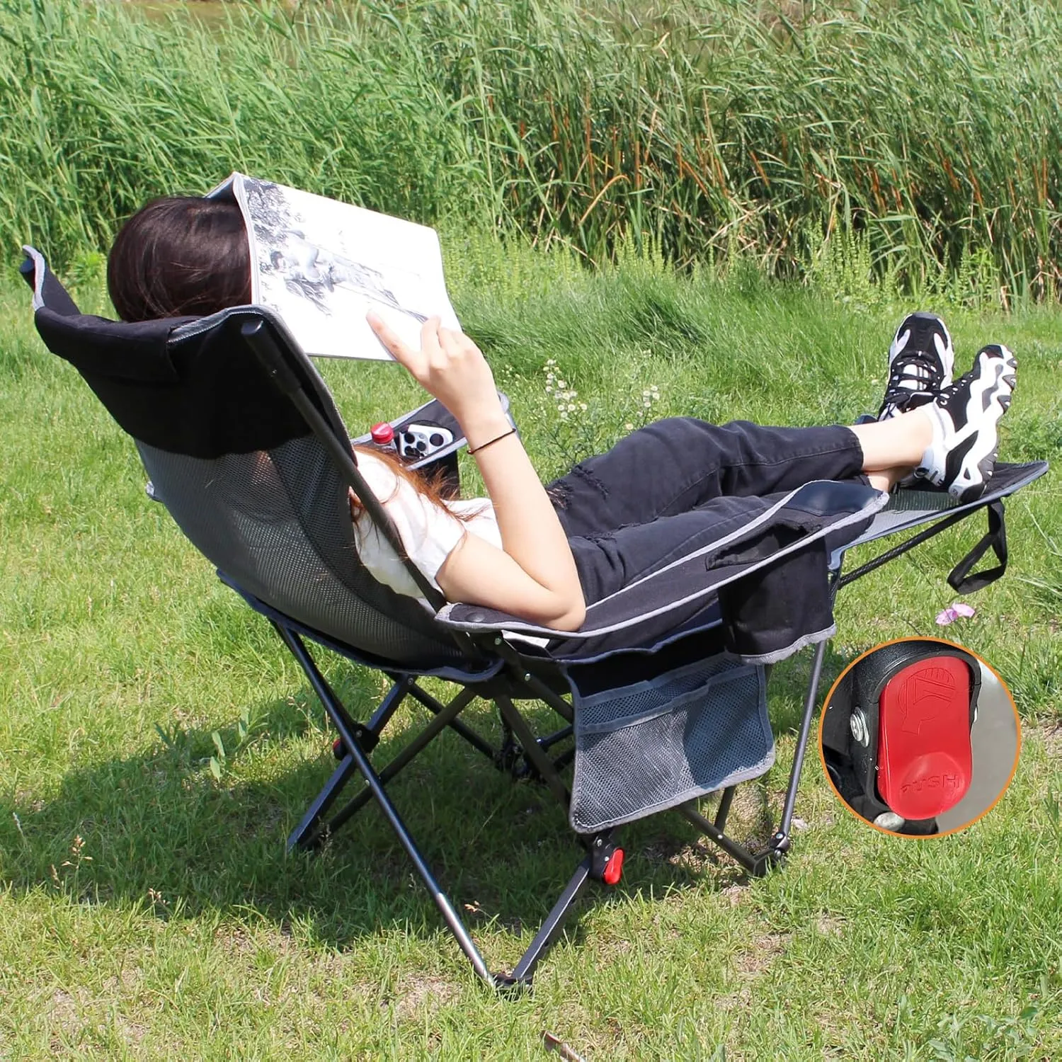 Reclining Camping Chair with Removable Footrest Lounge Chair with Headrest, Cotton Cushion, Portable Adjustable Folding Chairs