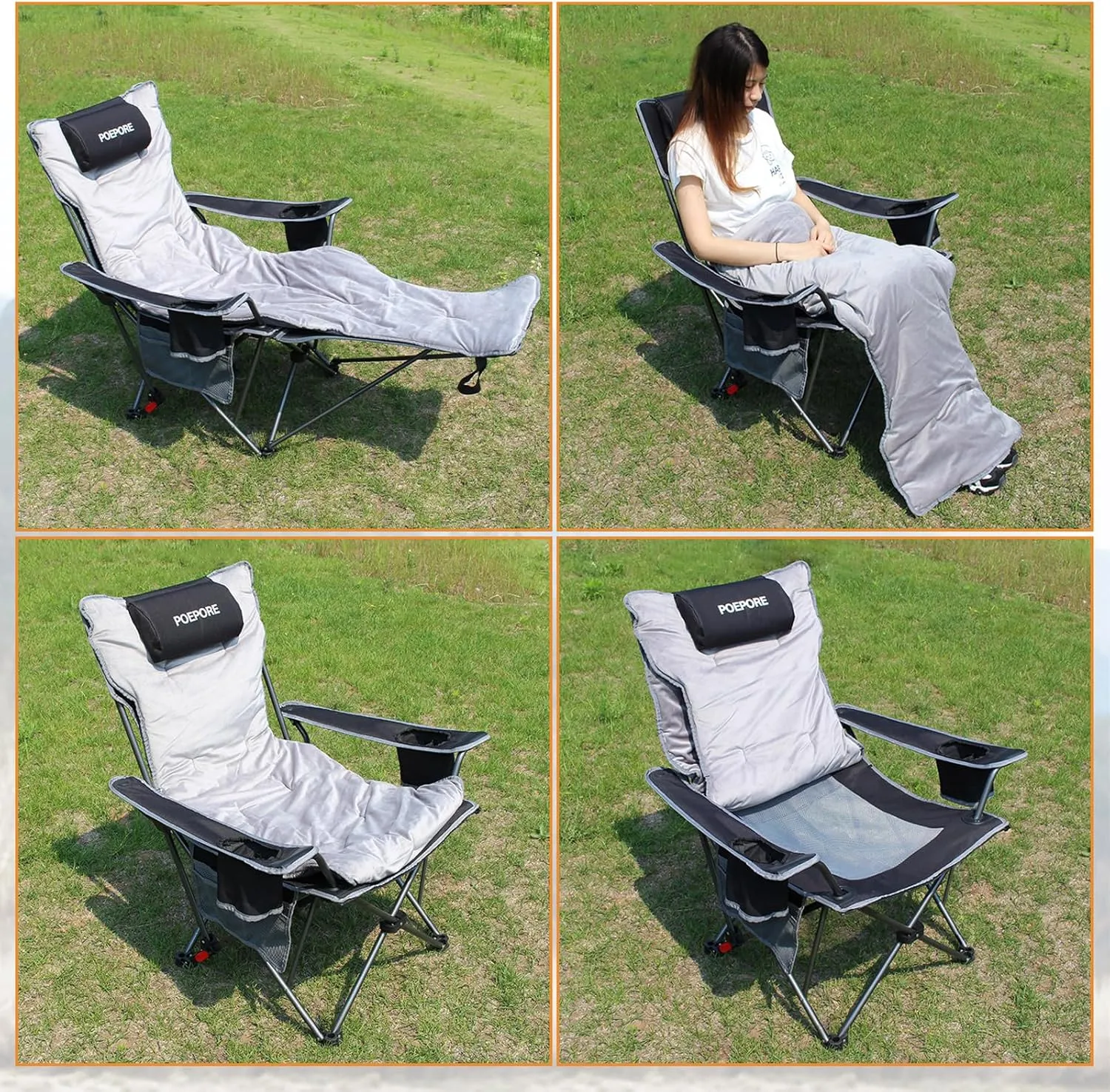 Reclining Camping Chair with Removable Footrest Lounge Chair with Headrest, Cotton Cushion, Portable Adjustable Folding Chairs
