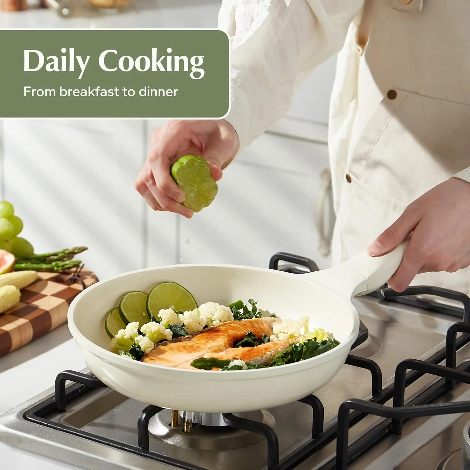 Redchef Ceramic Pan Nonstick, Nonstick Frying Pan, Large Fry Pans, PFAS & PFOA-Free, Non-Toxic, Induction Compatible Pans, Ergonomic Handles, Suitable for All Stove, Beige White, 11"