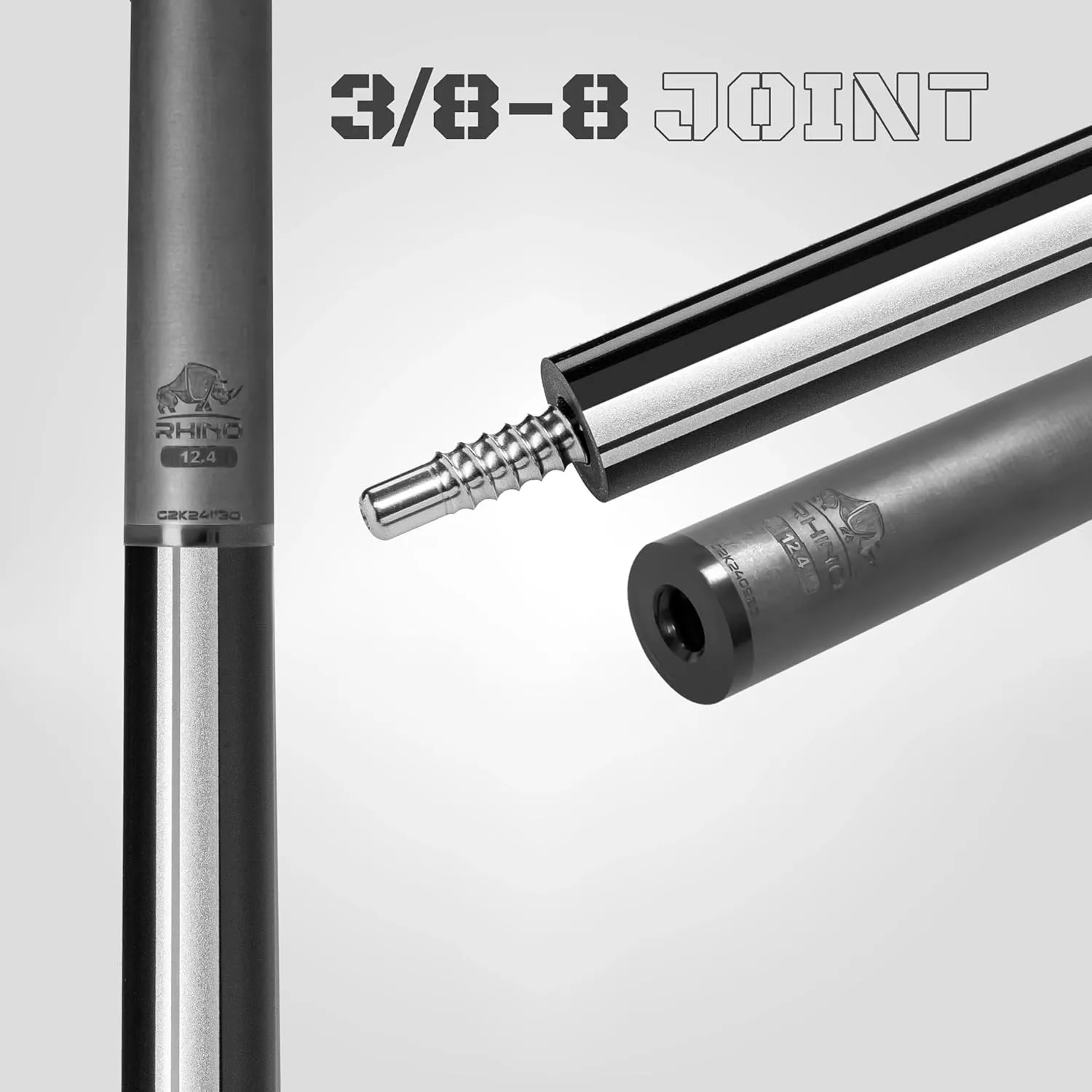 RHINO Nebula 2 Pool Cue - 100% Carbon Fiber Shaft & Composite Butt. Time Crystal Tip, Pro Taper Design, 12.4 mm,12.8 mm. 3/8-8 Joint, 3D Friction Grip. Low Deflection Pool Cue