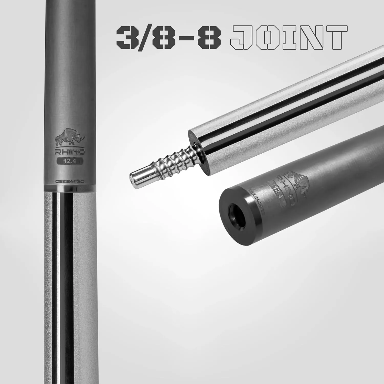 RHINO Nebula 2 Pool Cue - 100% Carbon Fiber Shaft & Composite Butt. Time Crystal Tip, Pro Taper Design, 12.4 mm,12.8 mm. 3/8-8 Joint, 3D Friction Grip. Low Deflection Pool Cue
