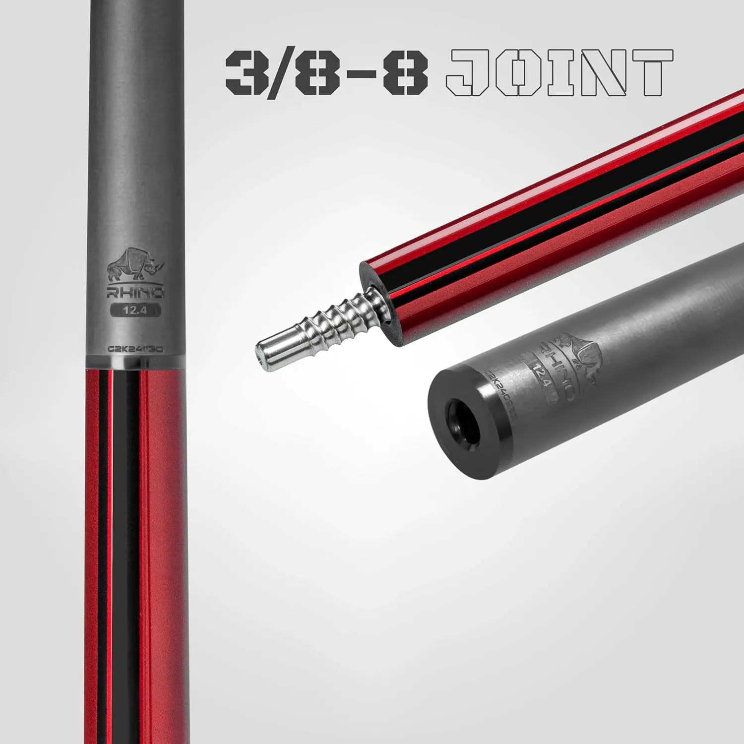 RHINO Nebula 2 Pool Cue - 100% Carbon Fiber Shaft & Composite Butt. Time Crystal Tip, Pro Taper Design, 12.4 mm,12.8 mm. 3/8-8 Joint, 3D Friction Grip. Low Deflection Pool Cue