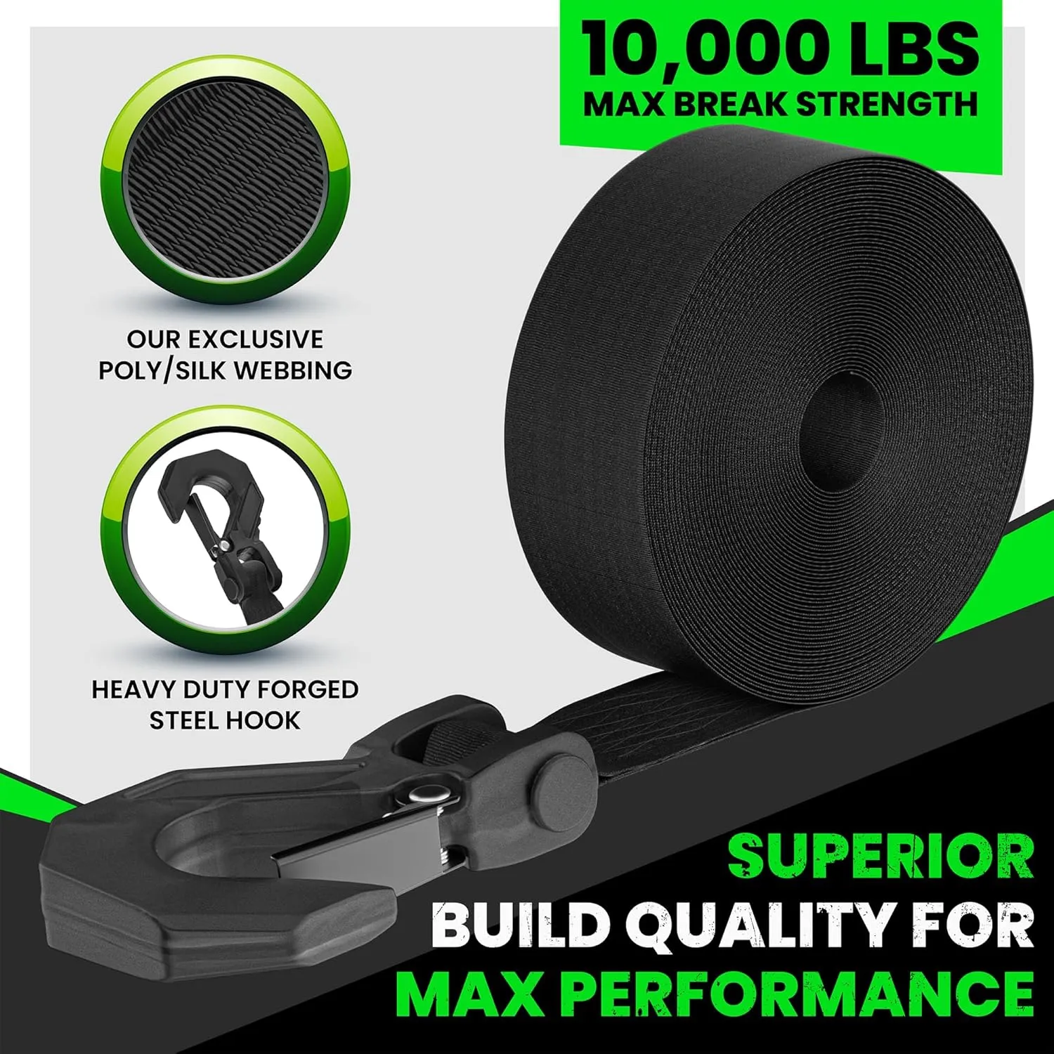 Rhino USA Boat Winch Strap with Hook (2" x 20') - 10,000lb Break Strength - Ultimate Replacement Boat Trailer Winch Straps with Safety Hook - Compatible with Pontoon, Jet Ski, Fishing Boat & More!