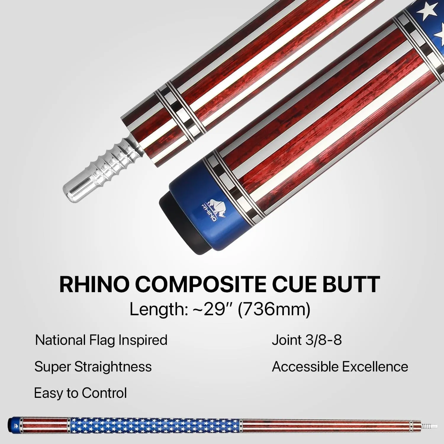 RHINO Voyager Pool Cue - (3/8-8 Joint) - 12.5mm Tip Diameter. 3D-Friction Grip, 100% Carbon Fiber Shaft and Composite Butt, Pro Taper