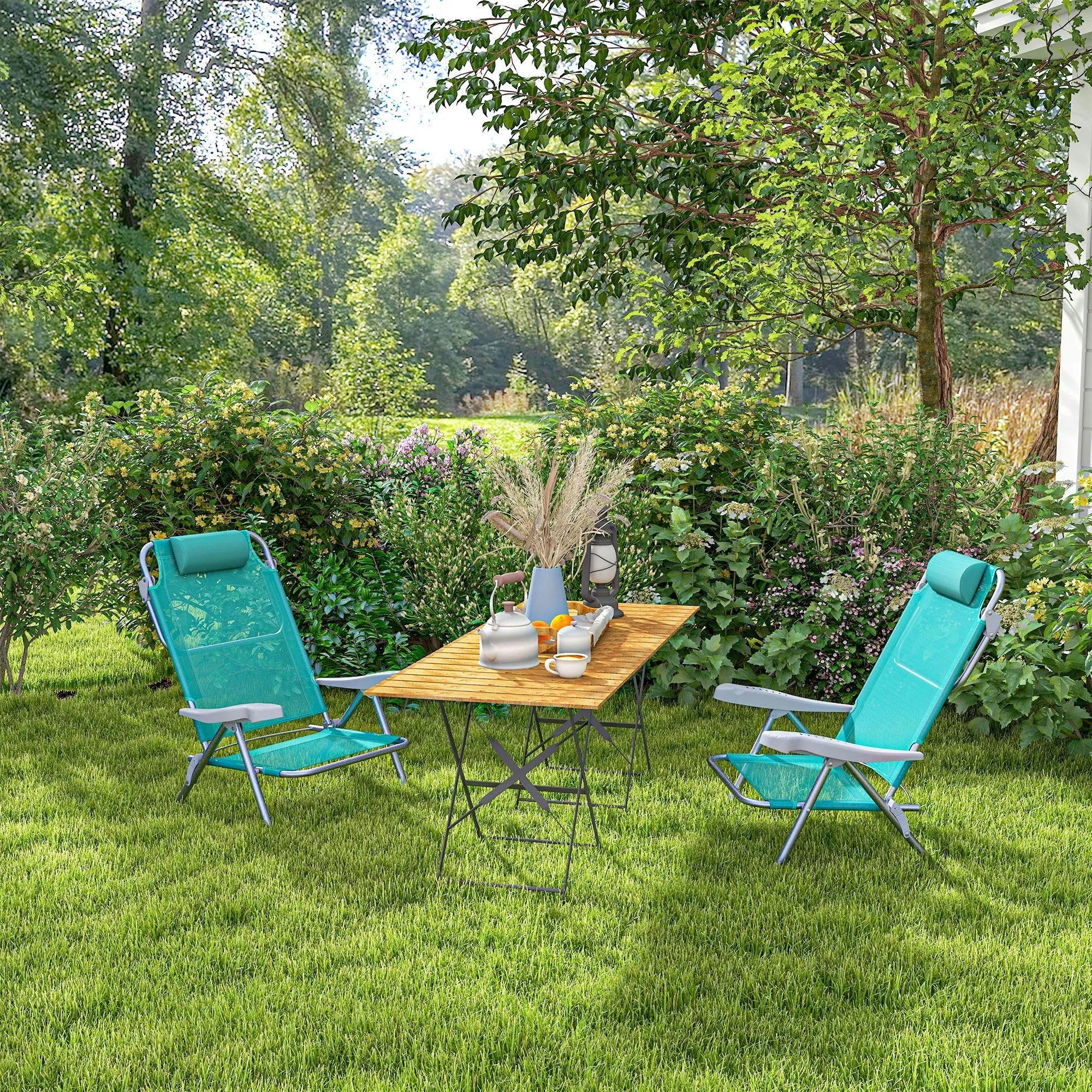 Rootz 2 Piece Set Foldable Garden Chairs - Portable Fishing Chair - Camping Chair - Adjustable Backrest & Headrest - 62L x 65W x 80H cm
