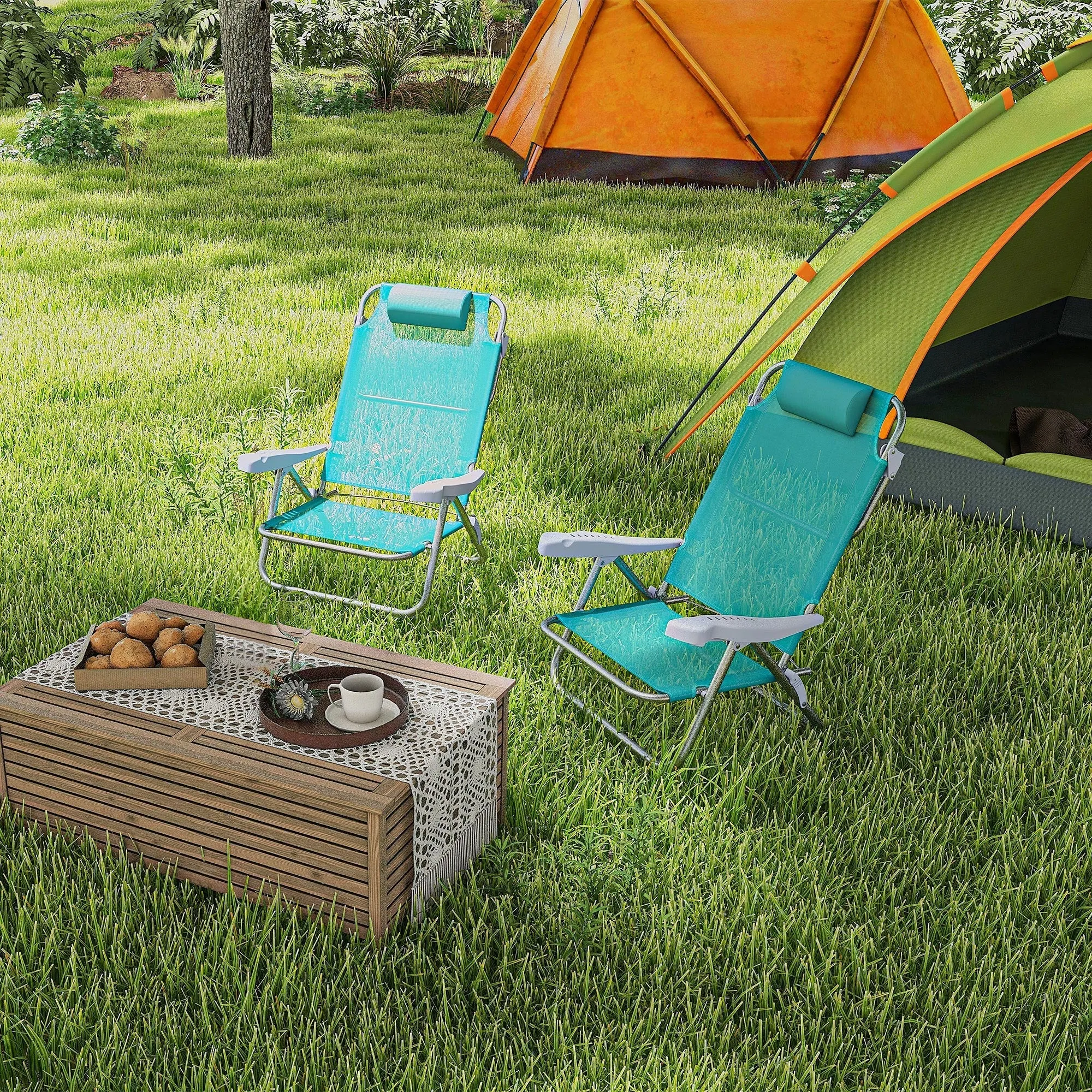 Rootz 2 Piece Set Foldable Garden Chairs - Portable Fishing Chair - Camping Chair - Adjustable Backrest & Headrest - 62L x 65W x 80H cm