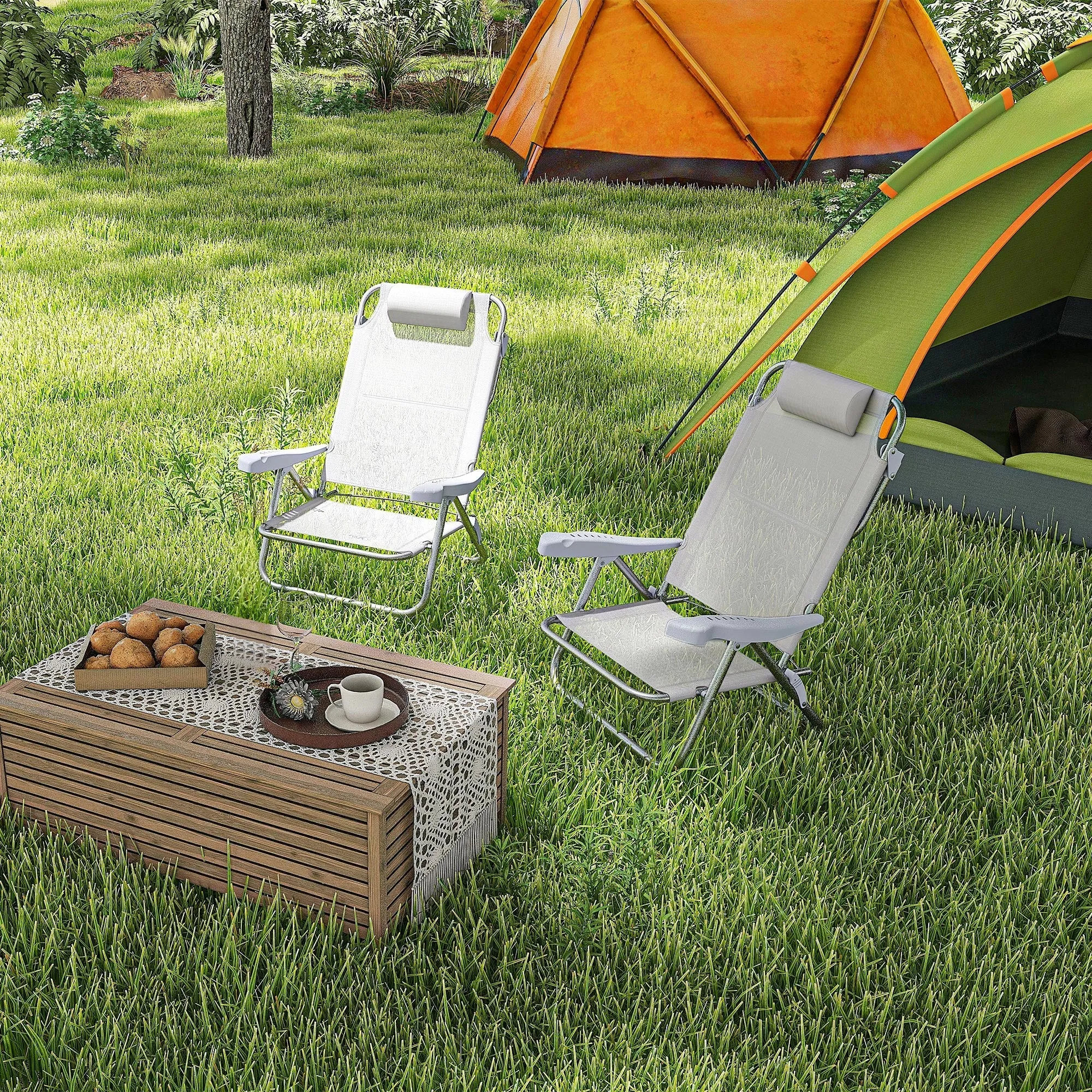 Rootz 2 Piece Set Garden Chairs - Fishing Chair - Camping Chair - Comfort Headrest - 62cm x 65cm x 80cm