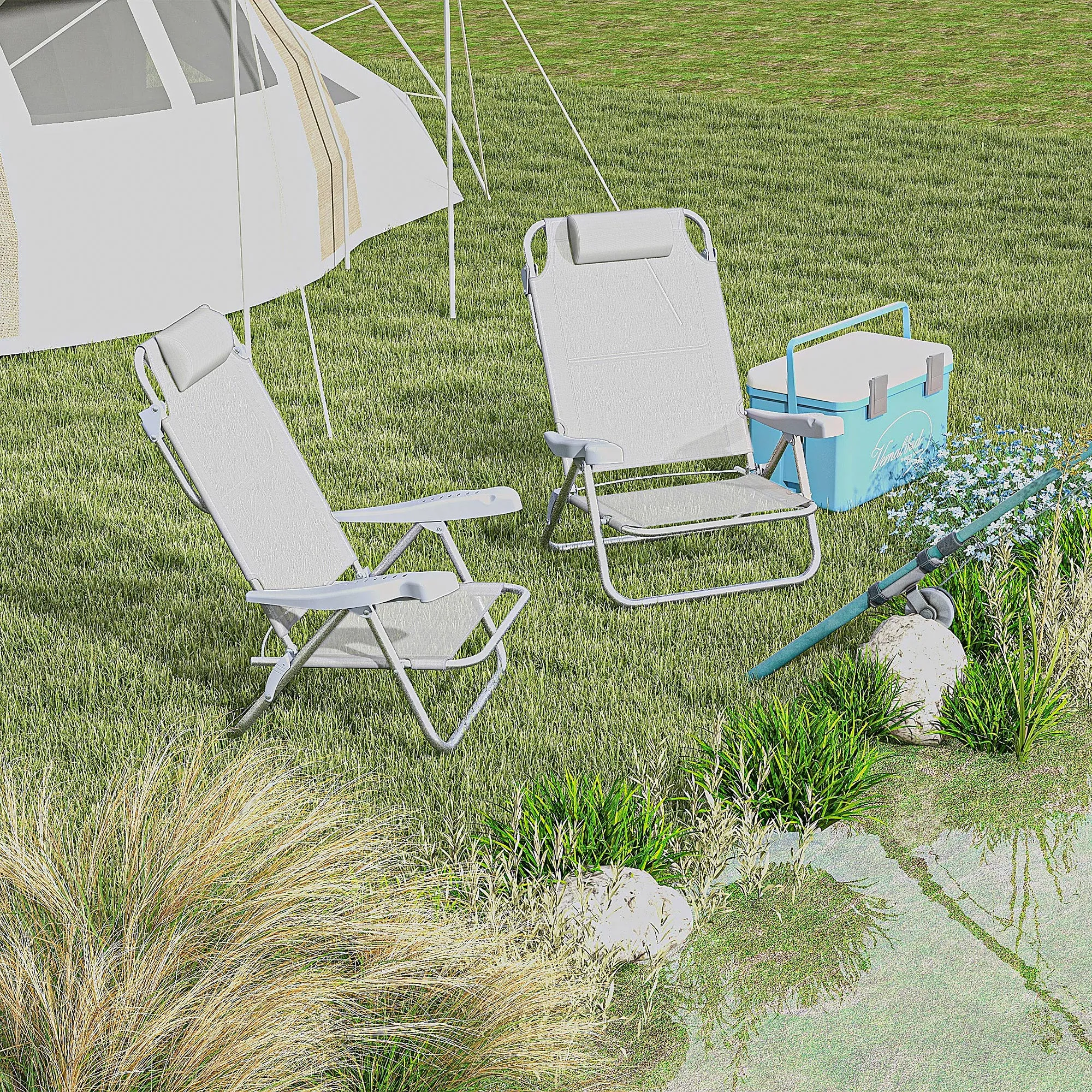 Rootz 2 Piece Set Garden Chairs - Fishing Chair - Camping Chair - Comfort Headrest - 62cm x 65cm x 80cm