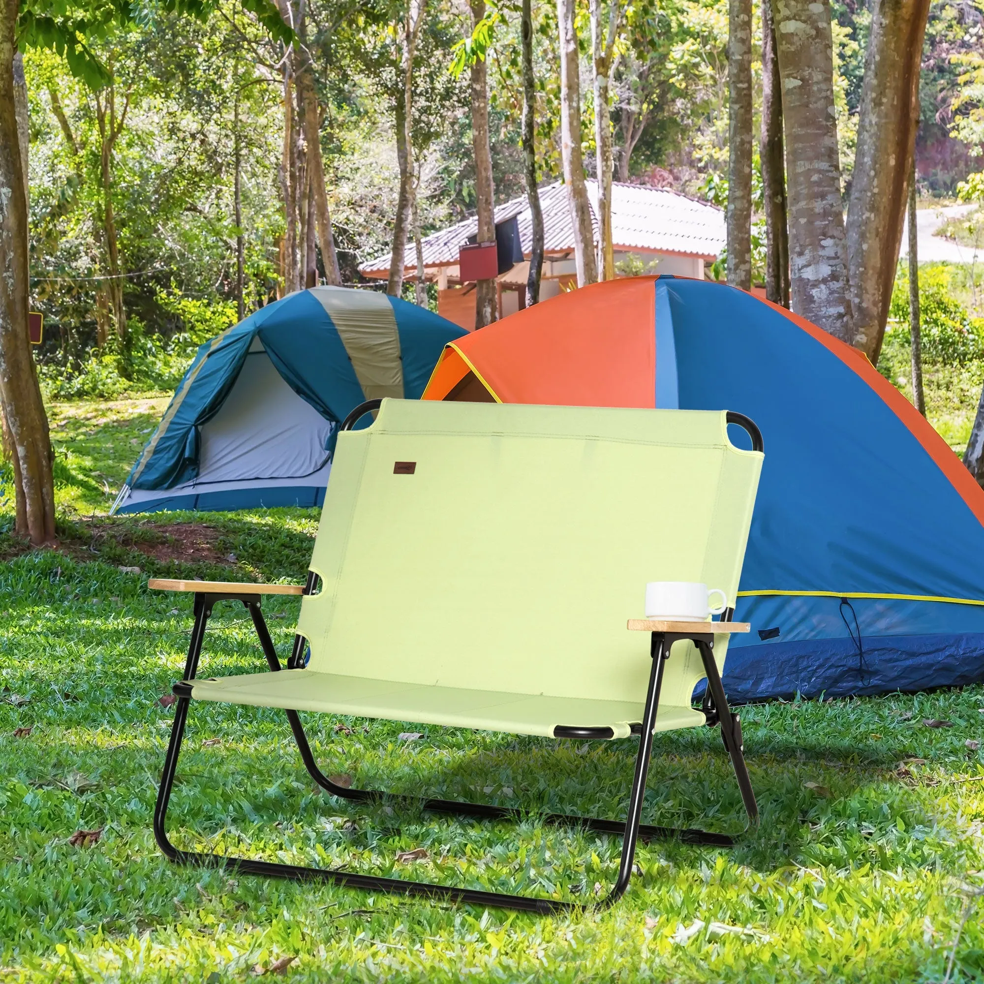 Rootz 2-Seater Camping Chair - Foldable Deck Chair - Outdoor Fishing Chair with Cup Holder - Durable Steel & Oxford Fabric - 141cm x 67cm x 80cm