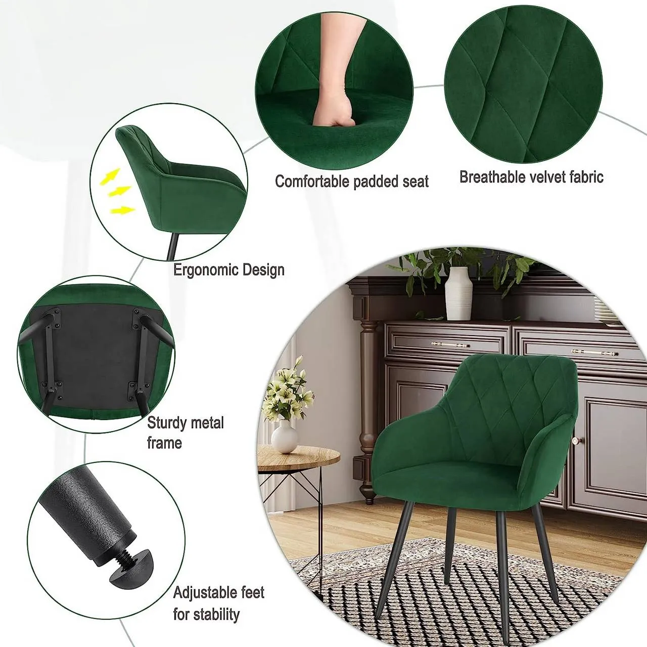Rootz Dining Chairs Set - Velvet Chairs - Padded Seats - Ergonomic Design - 44cm x 42.5cm x 46.5cm - Sturdy Metal Legs - Pack of 6