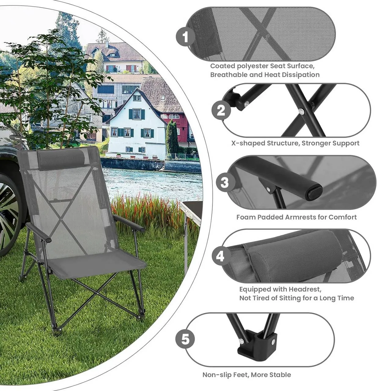 Rootz High Back Camping Chair - Fishing Chair - Outdoor Chair - Coated Polyester Material - 60cm x 85cm x 81cm
