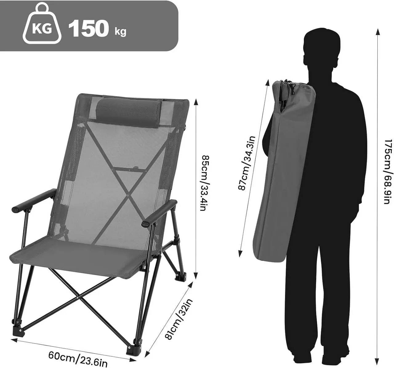 Rootz High Back Camping Chair - Fishing Chair - Outdoor Chair - Coated Polyester Material - 60cm x 85cm x 81cm