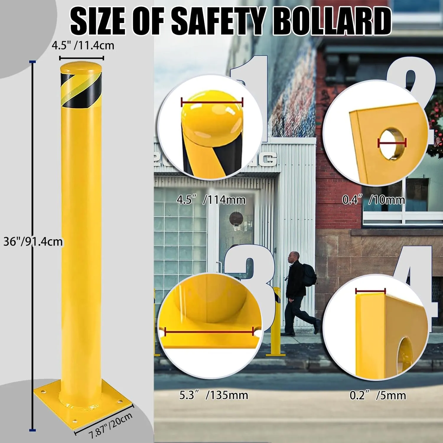 Safety Bollard Post, 36'' Height Steel Bollards 4-1/2'' Pipe Diameter Parking Post Barrier with Reflecitive Tape Steel Pipe Bollard Bolt Down Bollards for Crowd Control(36''-2pack)