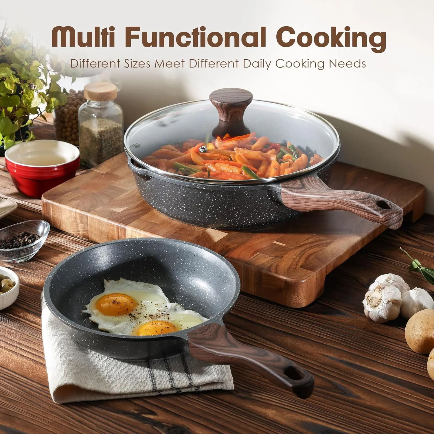 SENSARTE Nonstick Frying Pan Skillets, Swiss Granite Coating Omelette Pans, Healthy Cookware Chef's Pan, PFOA Free(8 Inch Frying Pan and 3.5QT Saute Pan)