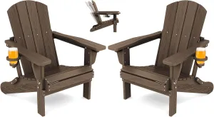 SERWALL Folding Adirondack Chair Set of 2, Adjustable Adirondack Chair with 3 Recline Positions, All Weather HDPE Outdoor Adirondack with Cup Holders, Coffee