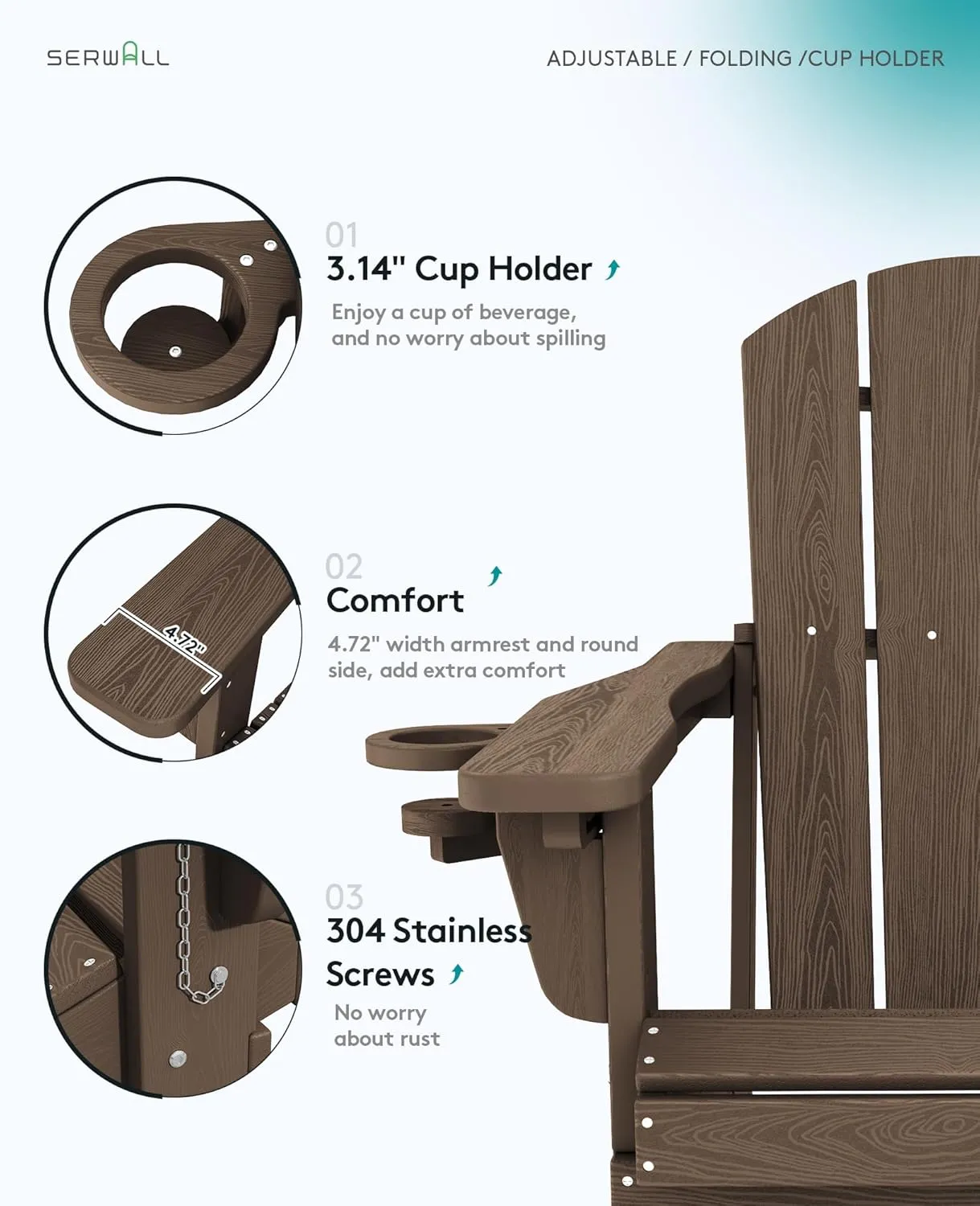 SERWALL Folding Adirondack Chair Set of 2, Adjustable Adirondack Chair with 3 Recline Positions, All Weather HDPE Outdoor Adirondack with Cup Holders, Coffee