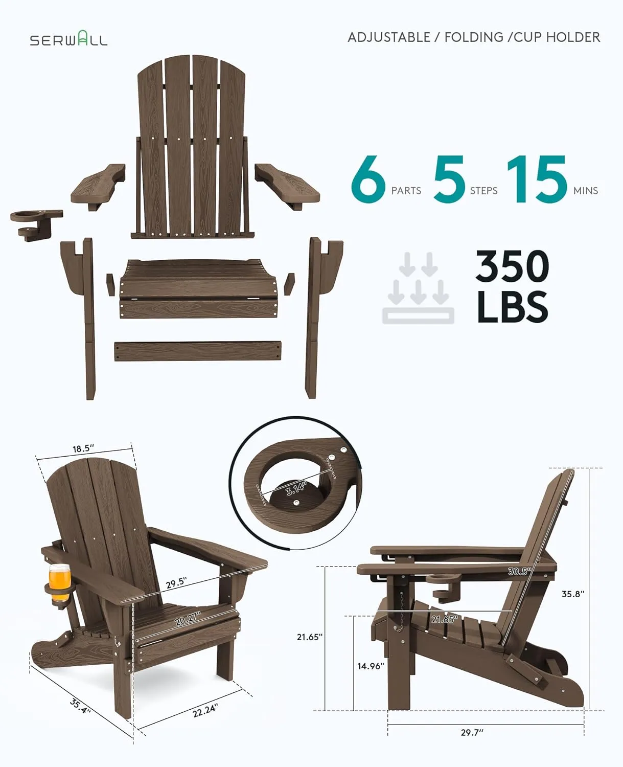 SERWALL Folding Adirondack Chair Set of 2, Adjustable Adirondack Chair with 3 Recline Positions, All Weather HDPE Outdoor Adirondack with Cup Holders, Coffee