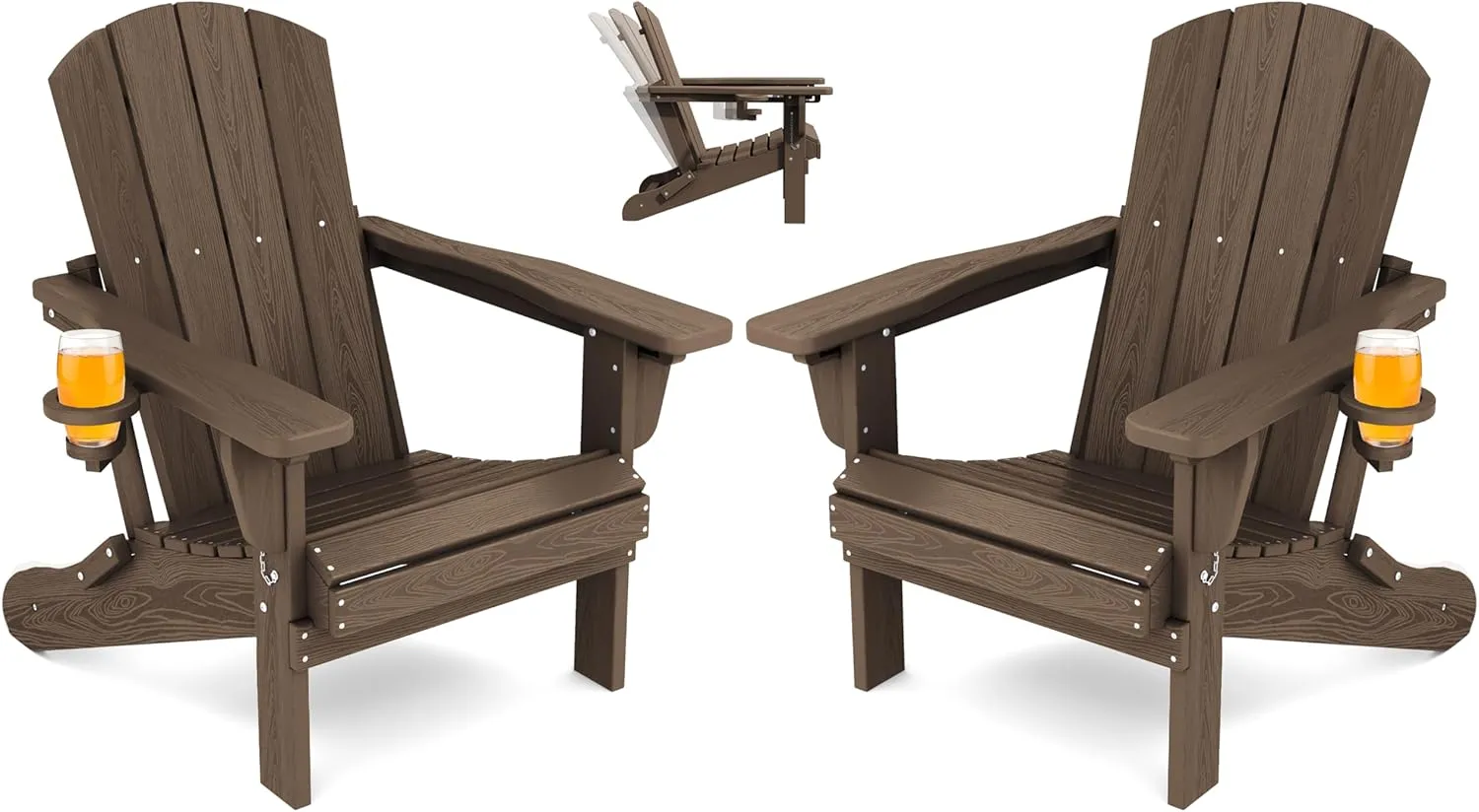 SERWALL Folding Adirondack Chair Set of 2, Adjustable Adirondack Chair with 3 Recline Positions, All Weather HDPE Outdoor Adirondack with Cup Holders, Coffee