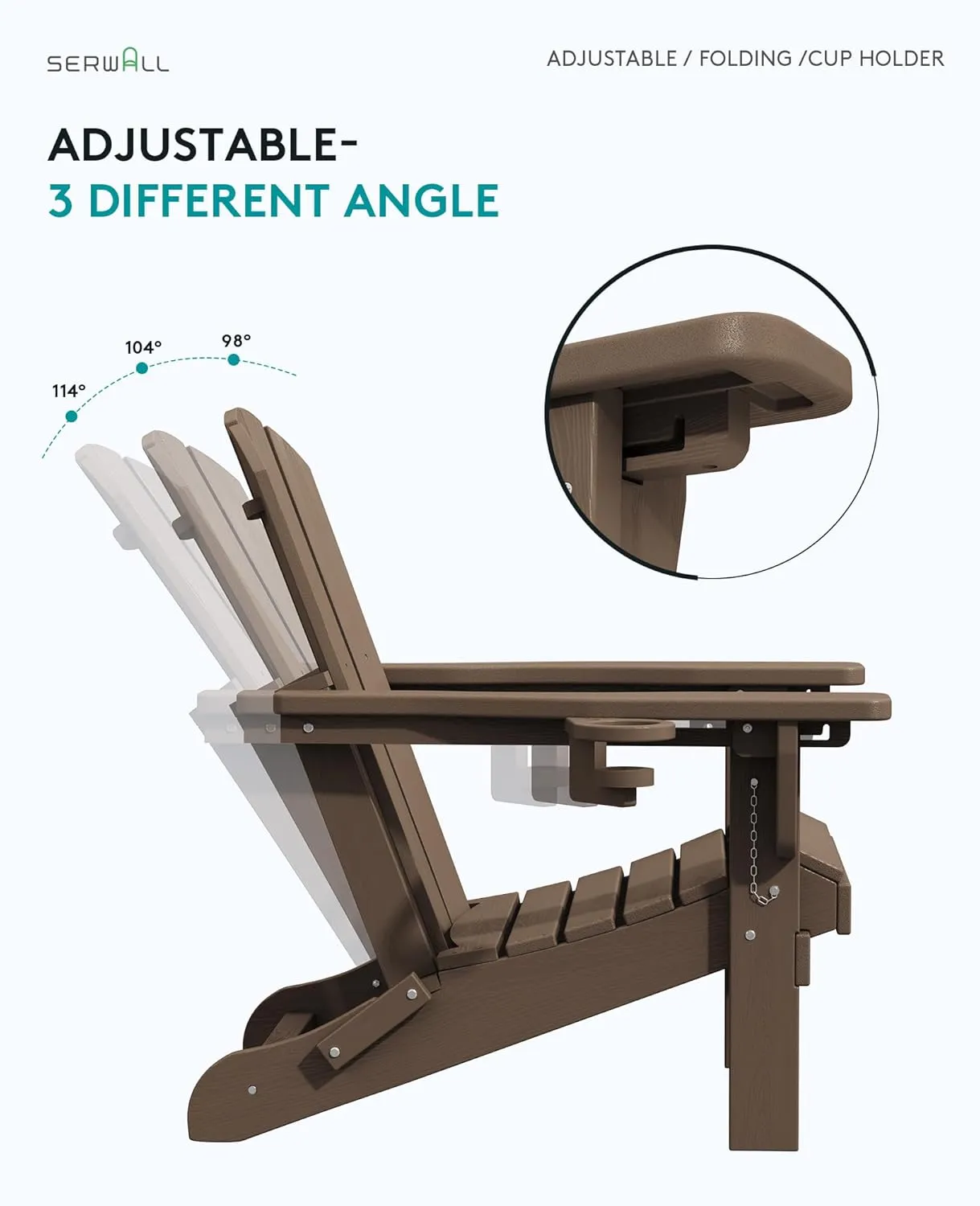 SERWALL Folding Adirondack Chair Set of 2, Adjustable Adirondack Chair with 3 Recline Positions, All Weather HDPE Outdoor Adirondack with Cup Holders, Coffee