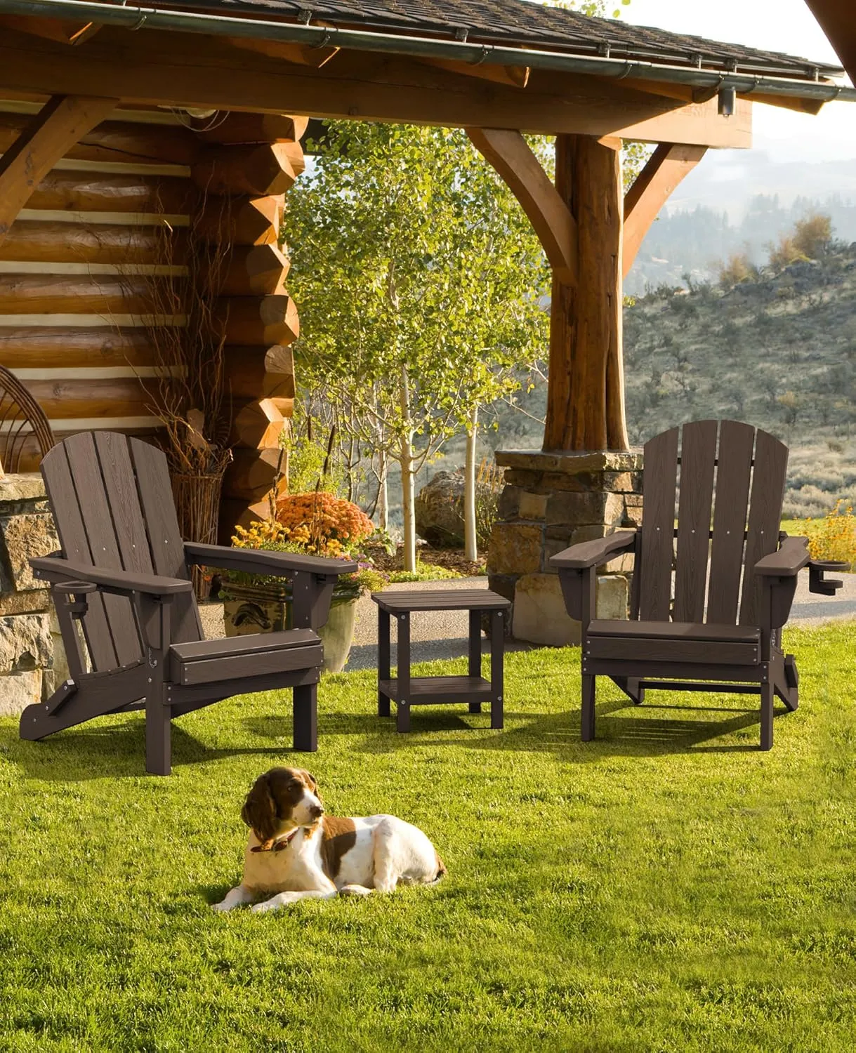SERWALL Folding Adirondack Chair Set of 2, Adjustable Adirondack Chair with 3 Recline Positions, All Weather HDPE Outdoor Adirondack with Cup Holders, Coffee