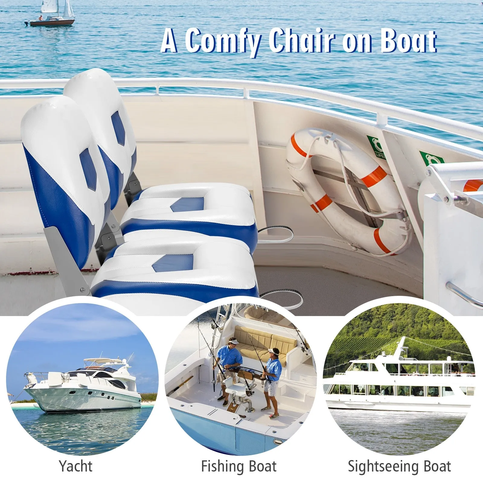 Set of 2 Folding Low Back Fishing Boat Seat with Stainless Steel Screws-Blue
