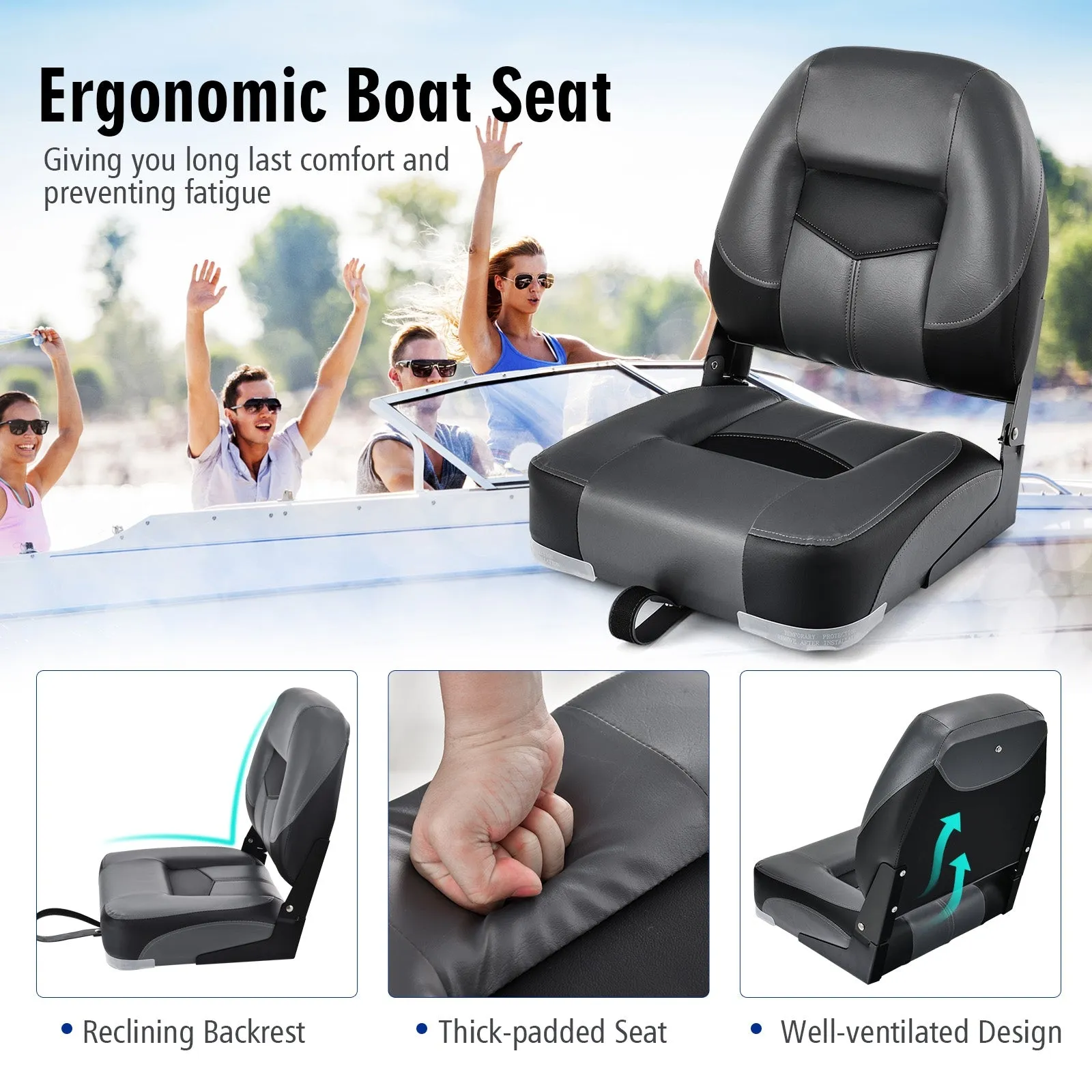 Set of 2 Folding Low Back Fishing Boat Seats with Stainless Steel Screws-Black