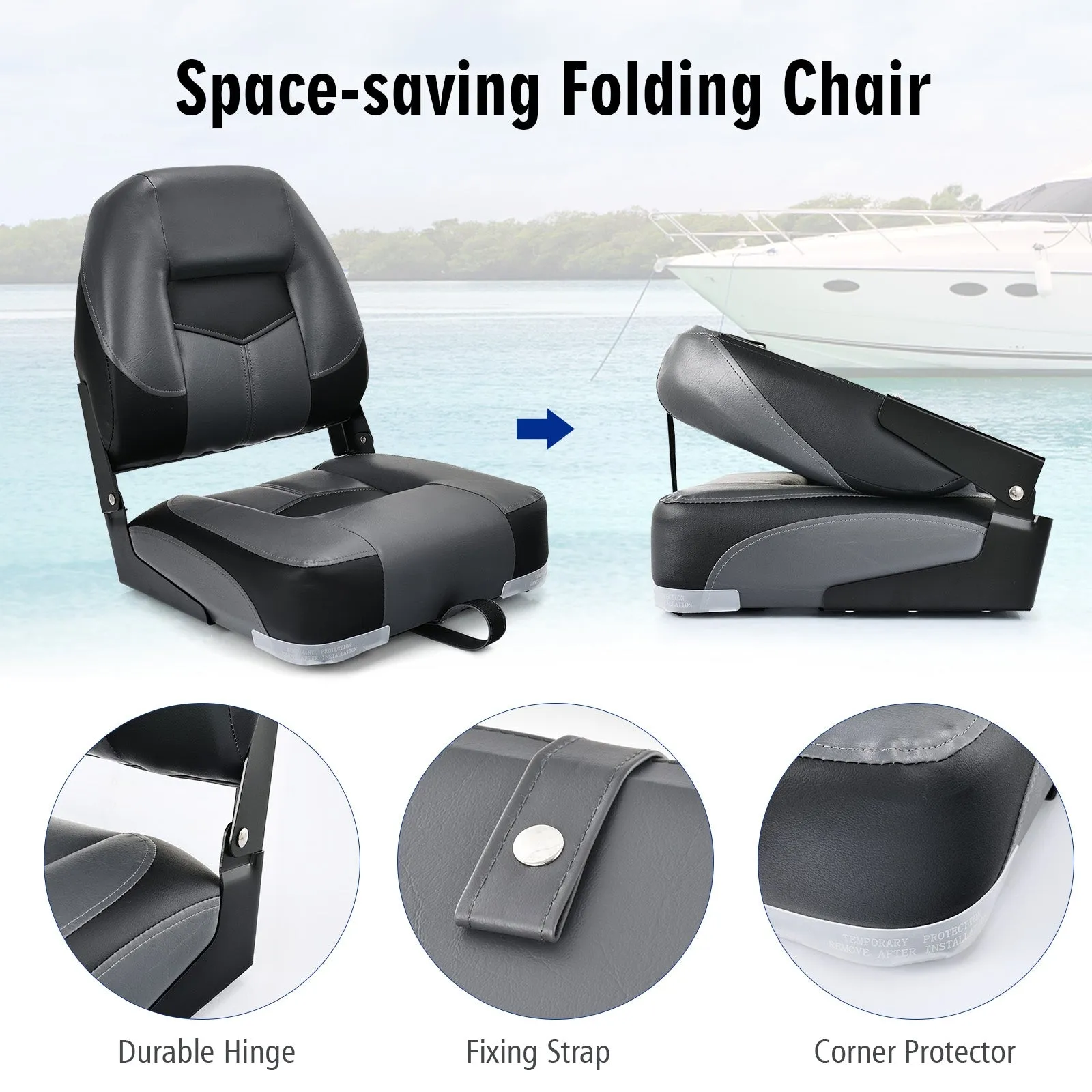 Set of 2 Folding Low Back Fishing Boat Seats with Stainless Steel Screws-Black
