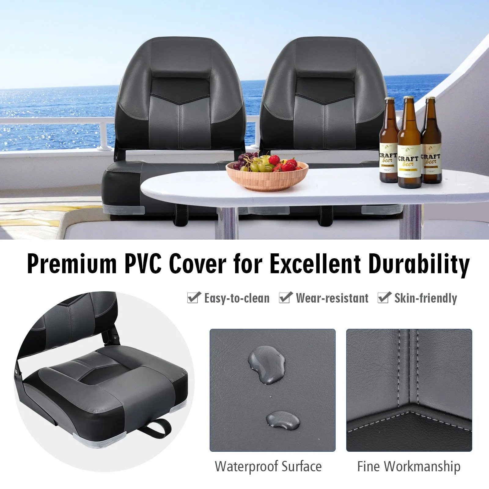 Set of 2 Folding Low Back Fishing Boat Seats with Stainless Steel Screws-Black