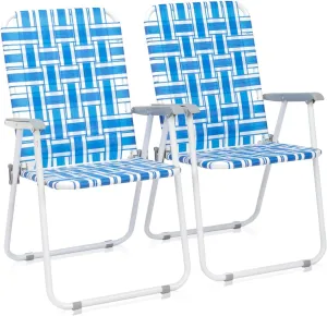 Set of 2 Folding Patio Lawn Chairs, Webbed Folding Chair Outdoor Beach Chair High Back Seat Portable Camping Chair for Yard, Garden (Blue White)