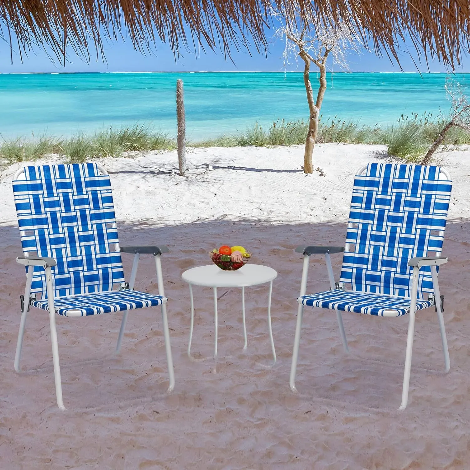Set of 2 Folding Patio Lawn Chairs, Webbed Folding Chair Outdoor Beach Chair High Back Seat Portable Camping Chair for Yard, Garden (Blue White)