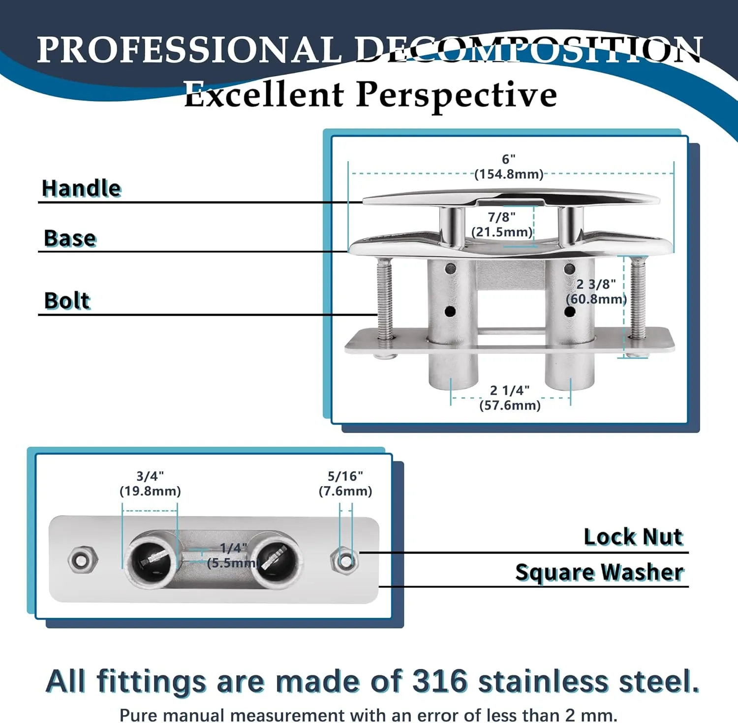 SHENGHUISS Boat Cleats 316 Stainless Steel Pop Up Cleat Retractable Heavy Duty Pull Up Cleat Flush Mount Deck Cleats with Backing Plate and Lock Nuts（5"/6"/8"/10"）