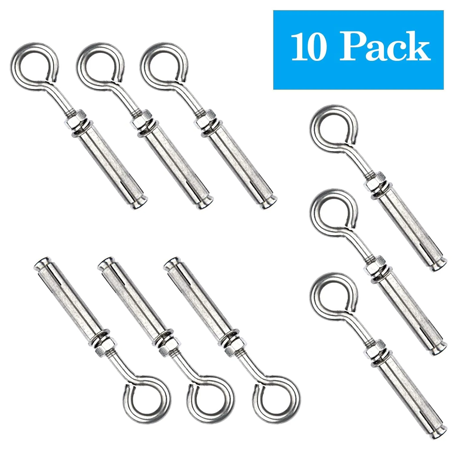Shoulder Eye Bolts M6 Heavy Duty Shoulder Lag Eyebolts, Stainless Steel Expansion Screws Wall Concrete Anchors Fastener with Nut for Wall Ceiling Concrete Masonry, 10 Pieces