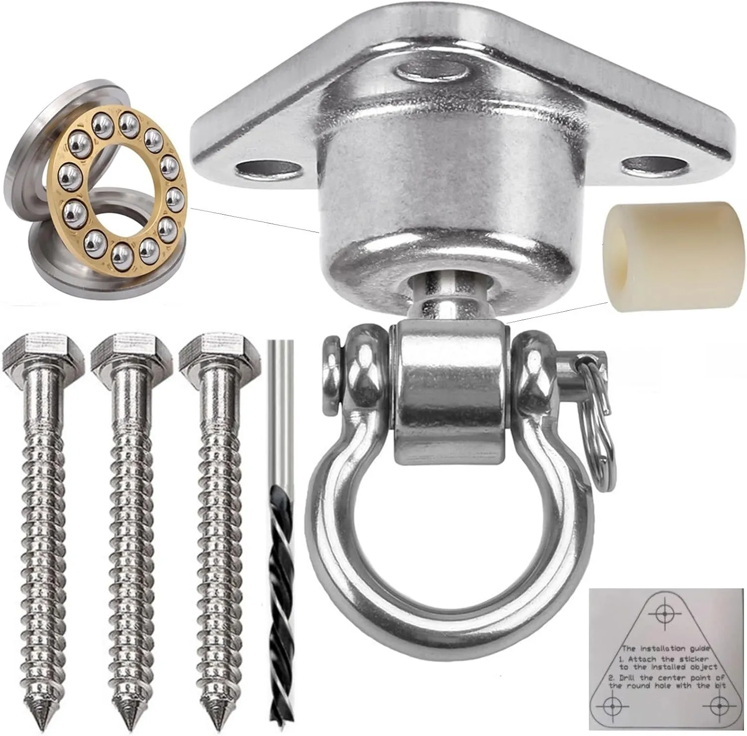 Silent Bearing Swing Hanger Heavy Duty, SUS Rust Proof, 1500LB Capacity 360 Degree Rotation, Playground Porch Yoga, Sandbag, Gym (3 Wooden Screws)